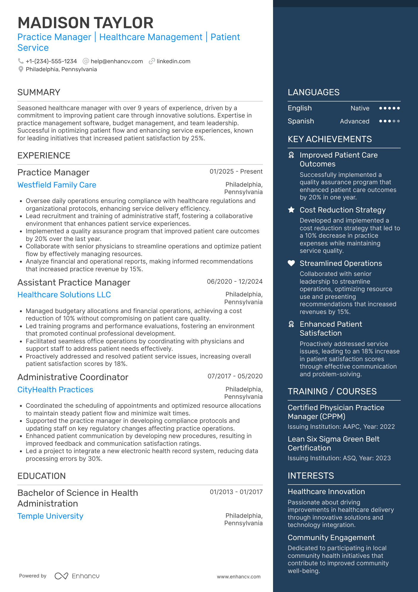 Practice Manager Resume Example