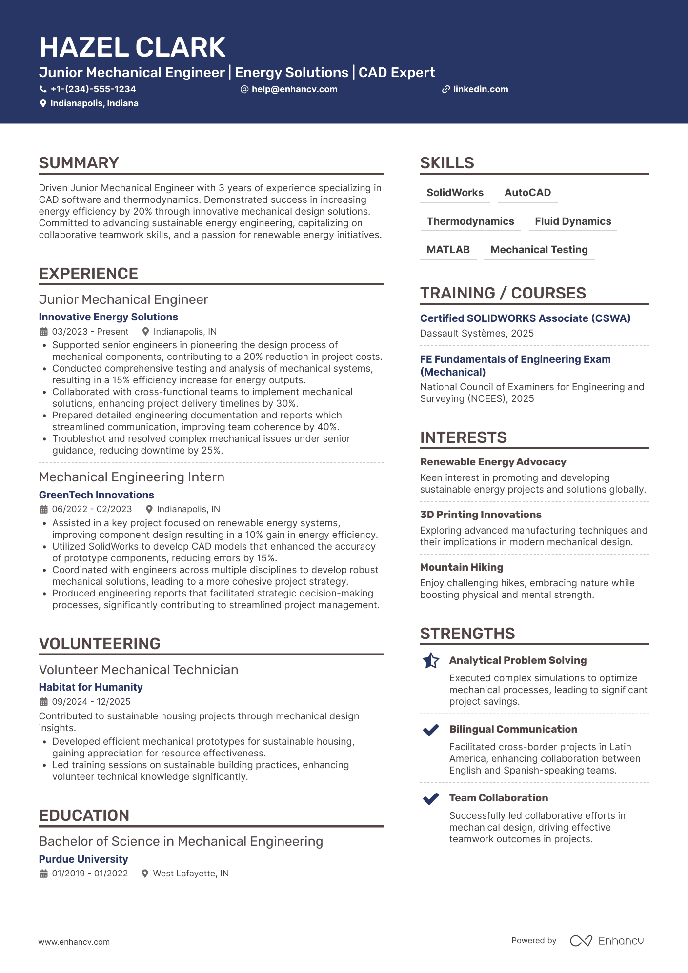 Junior Mechanical Engineer Resume Example