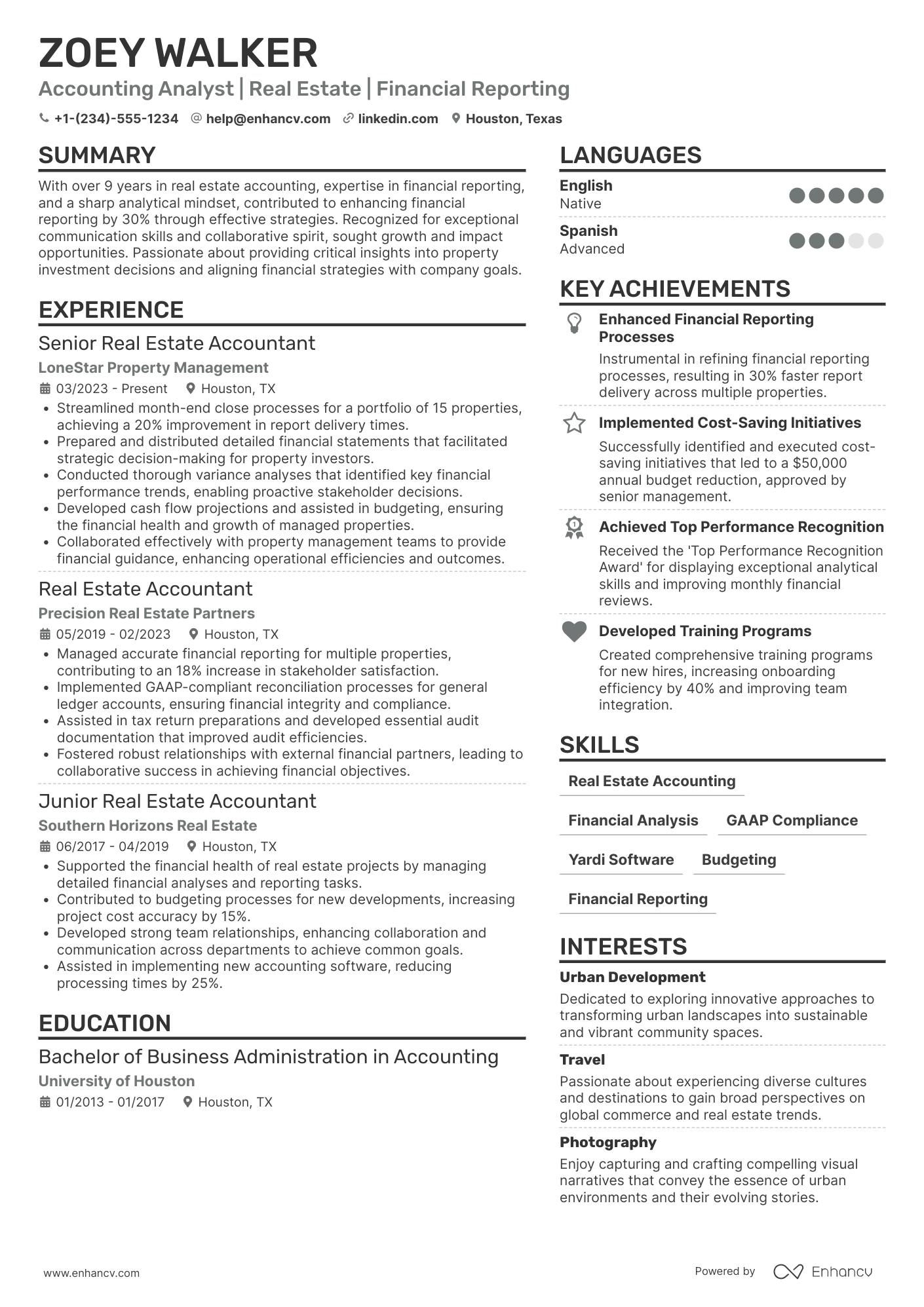Real Estate Accounting Analyst Resume Example
