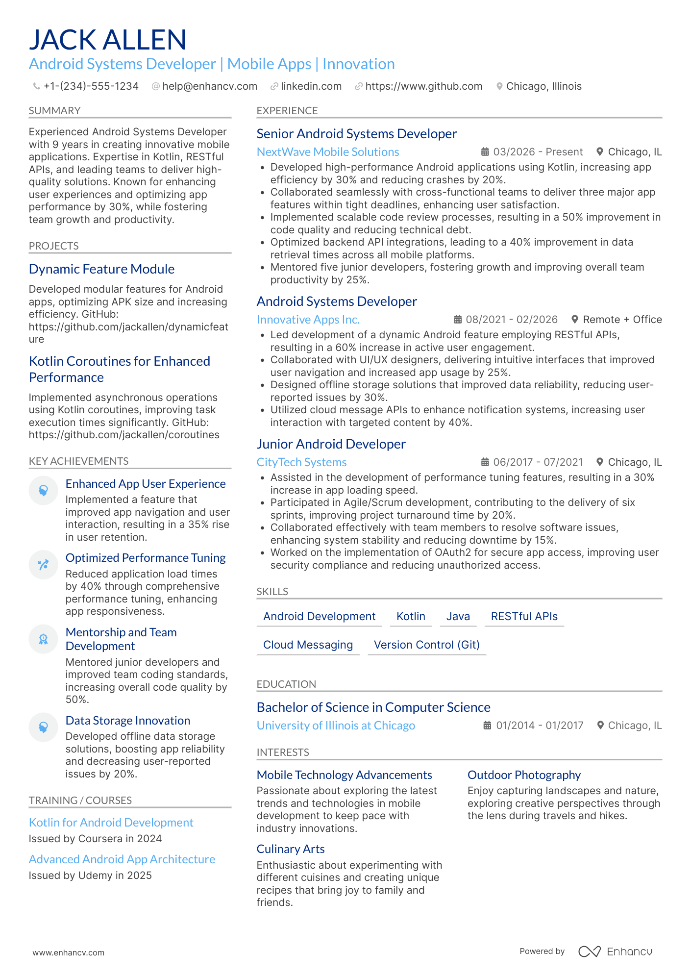 Android Systems Developer Resume Example