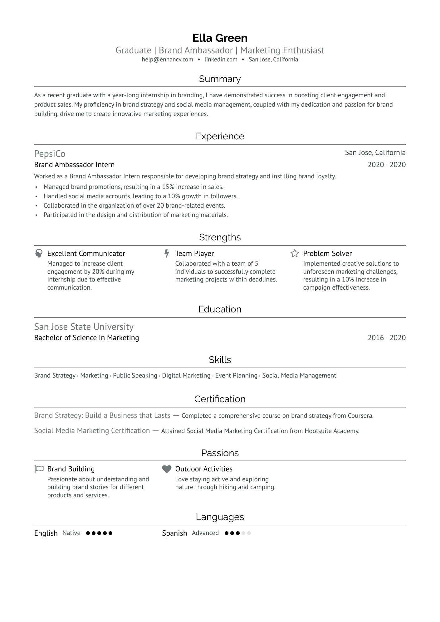 Entry Level Brand Ambassador Resume Example