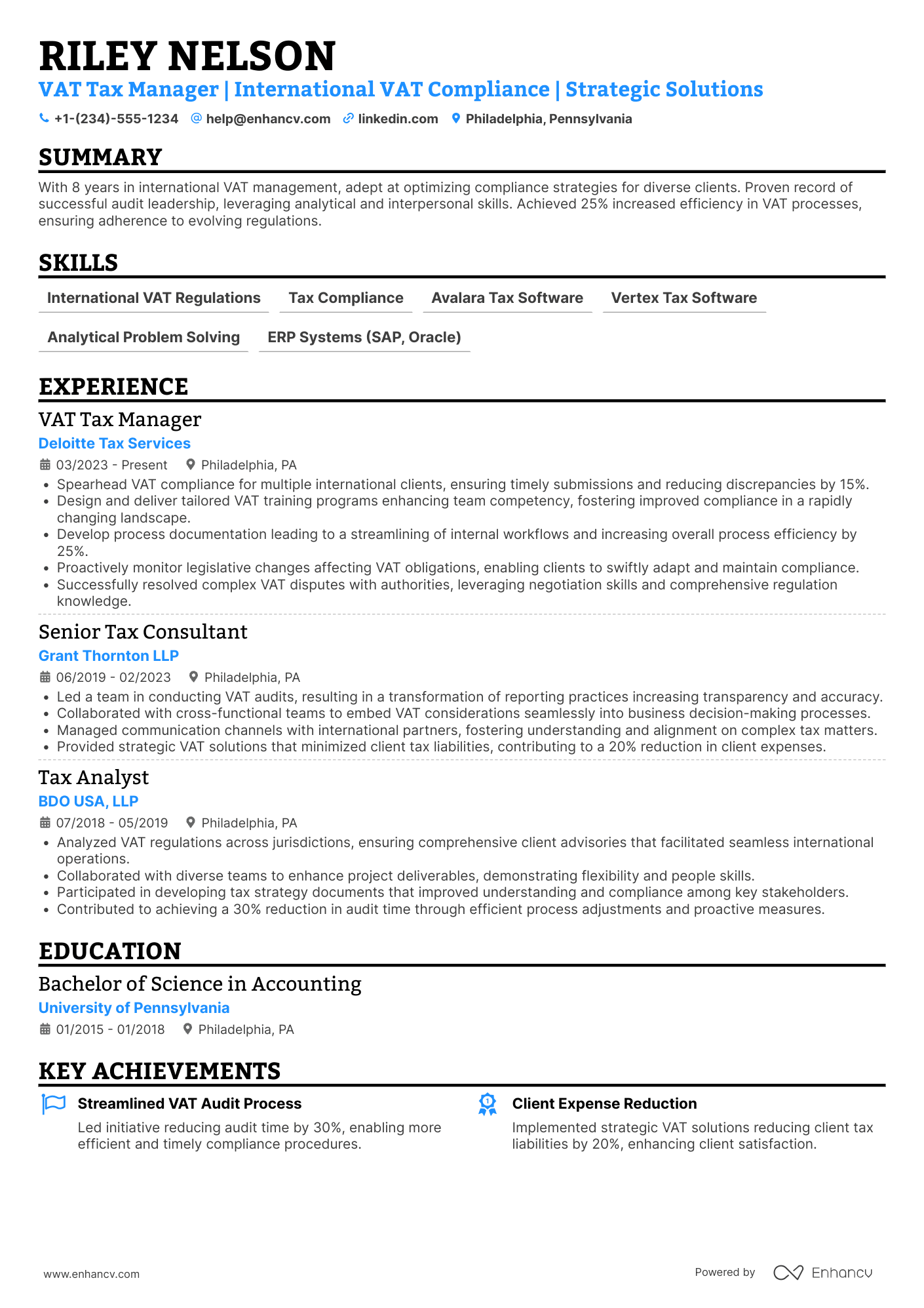 VAT Tax Manager Resume Example