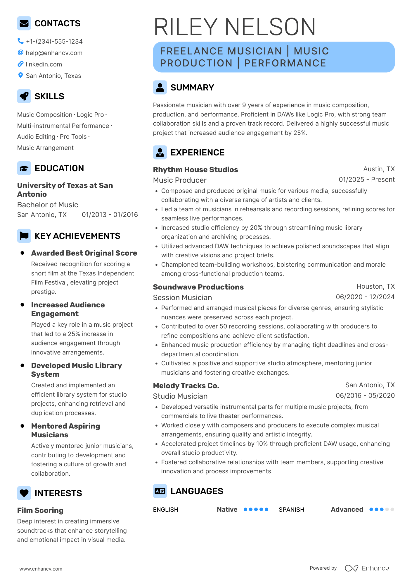 Freelance Musician Resume Example