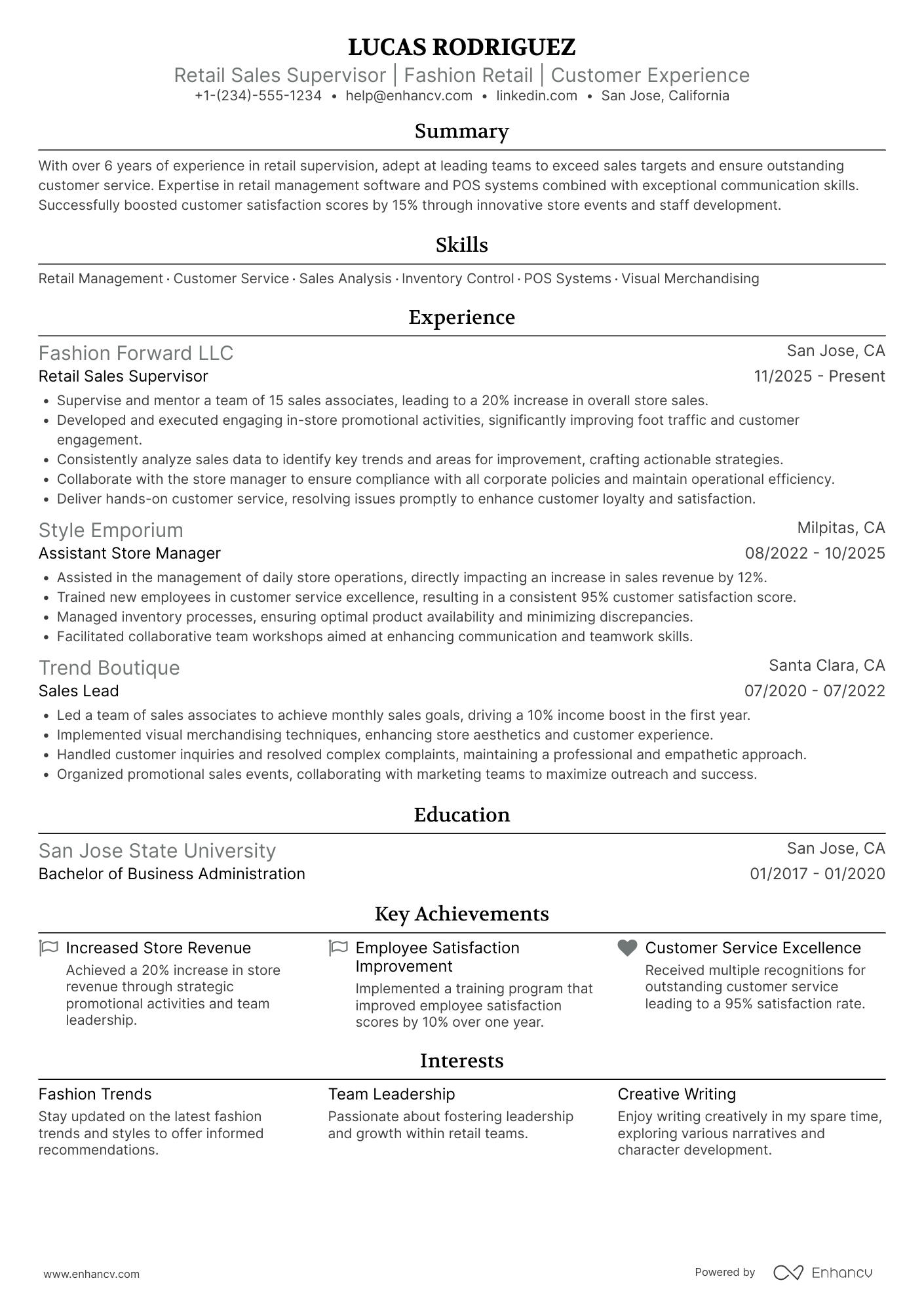 Retail Sales Supervisor Resume Example