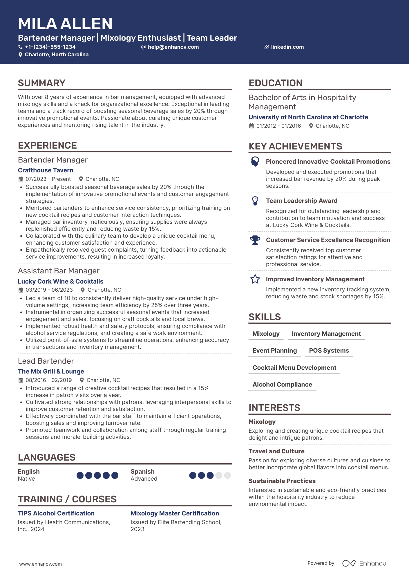 Bartender Manager Resume Example