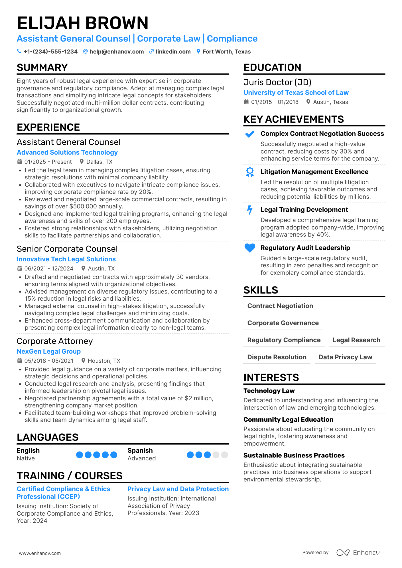 Assistant General Counsel Resume Example