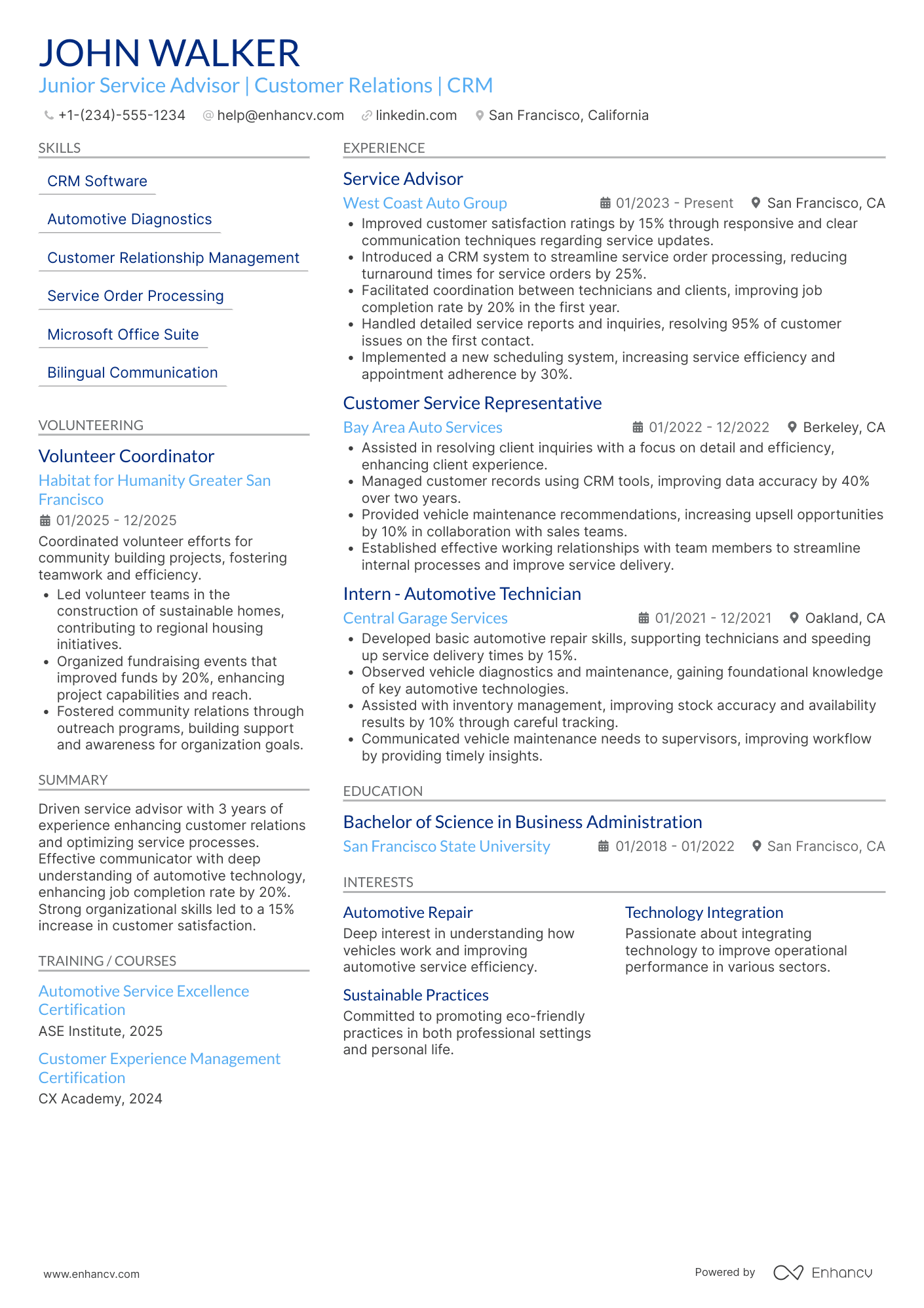 Junior Service Advisor Resume Example