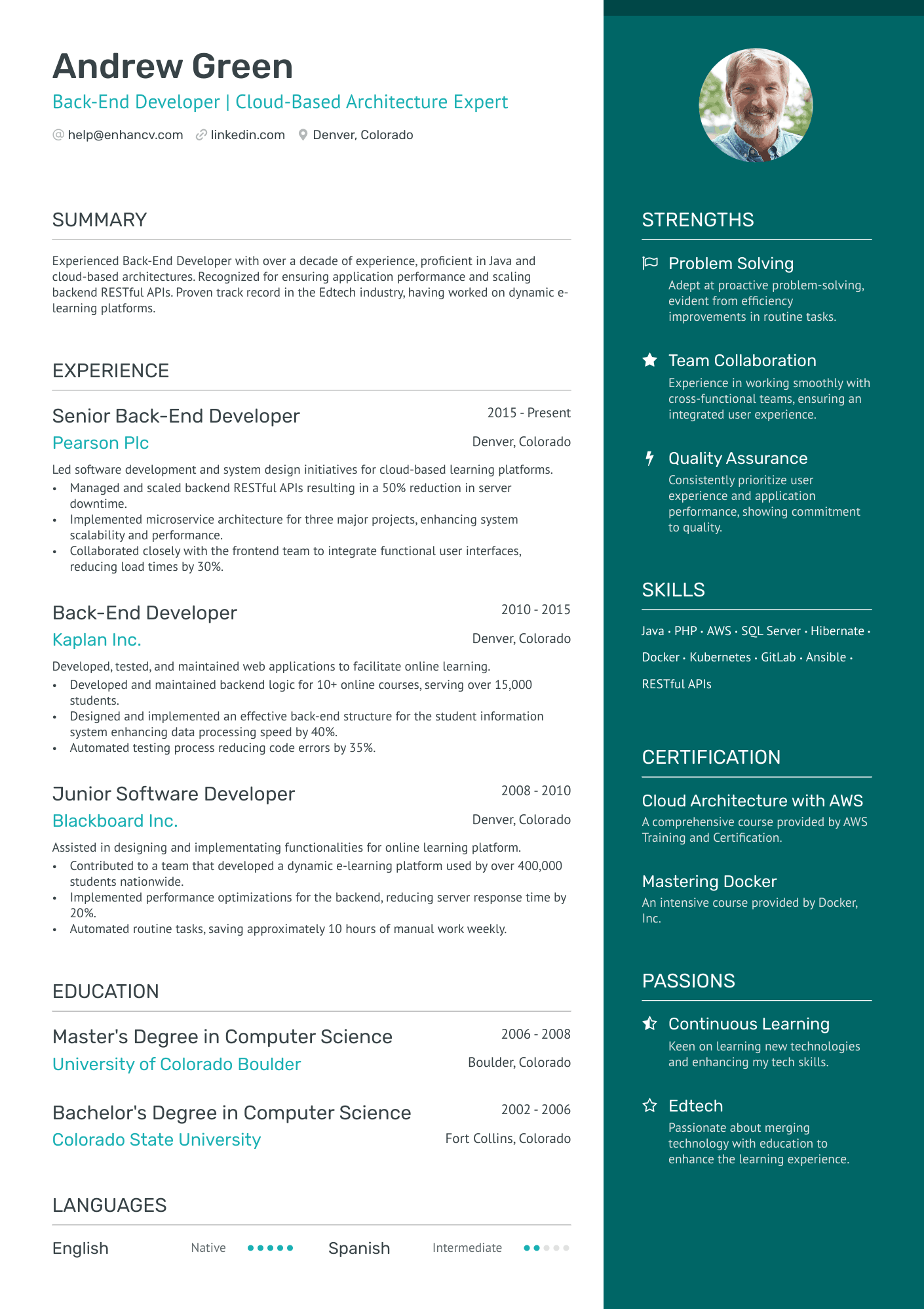 Back End Web Developer Resume Example