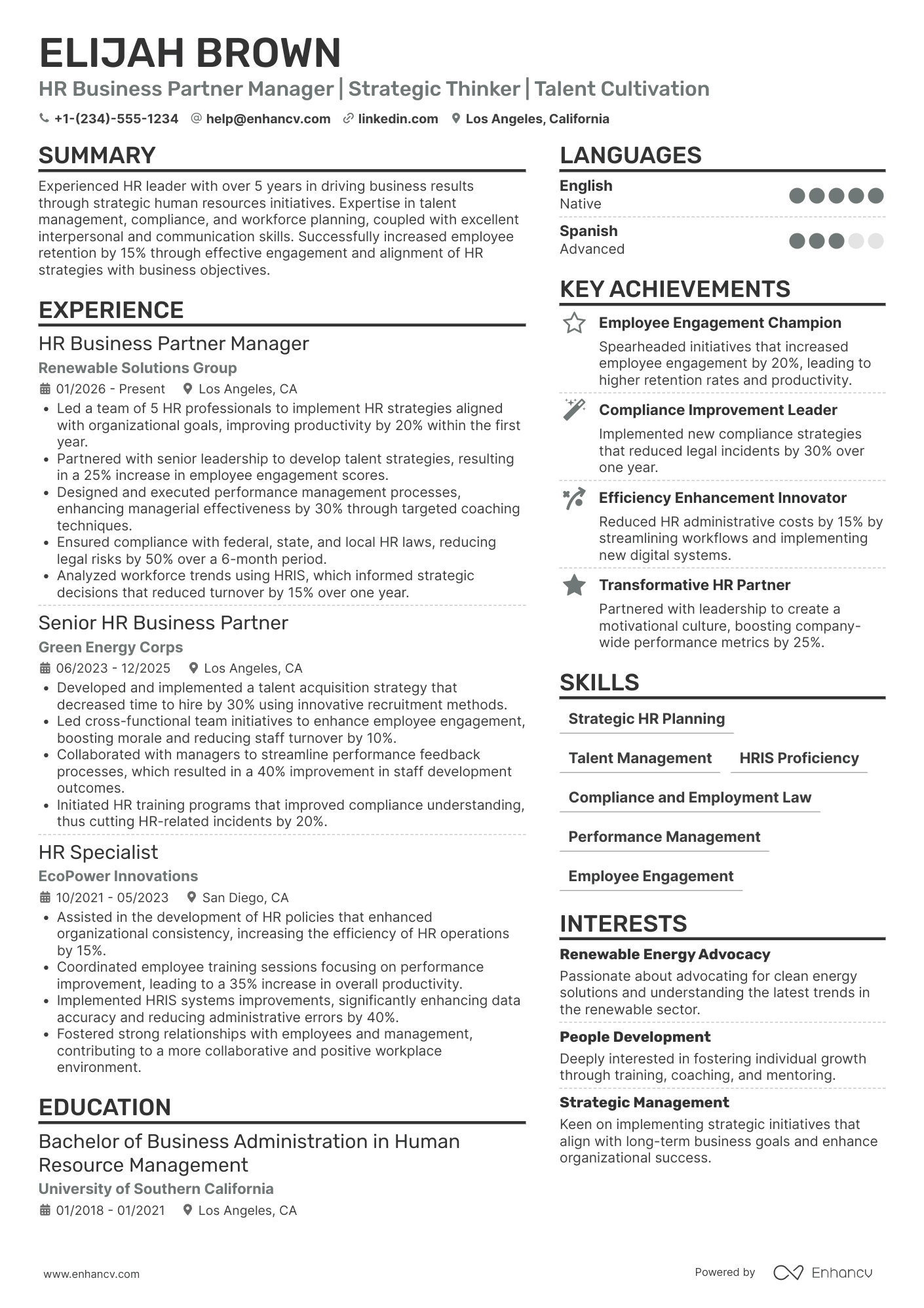 HR Business Partner Manager Resume Example