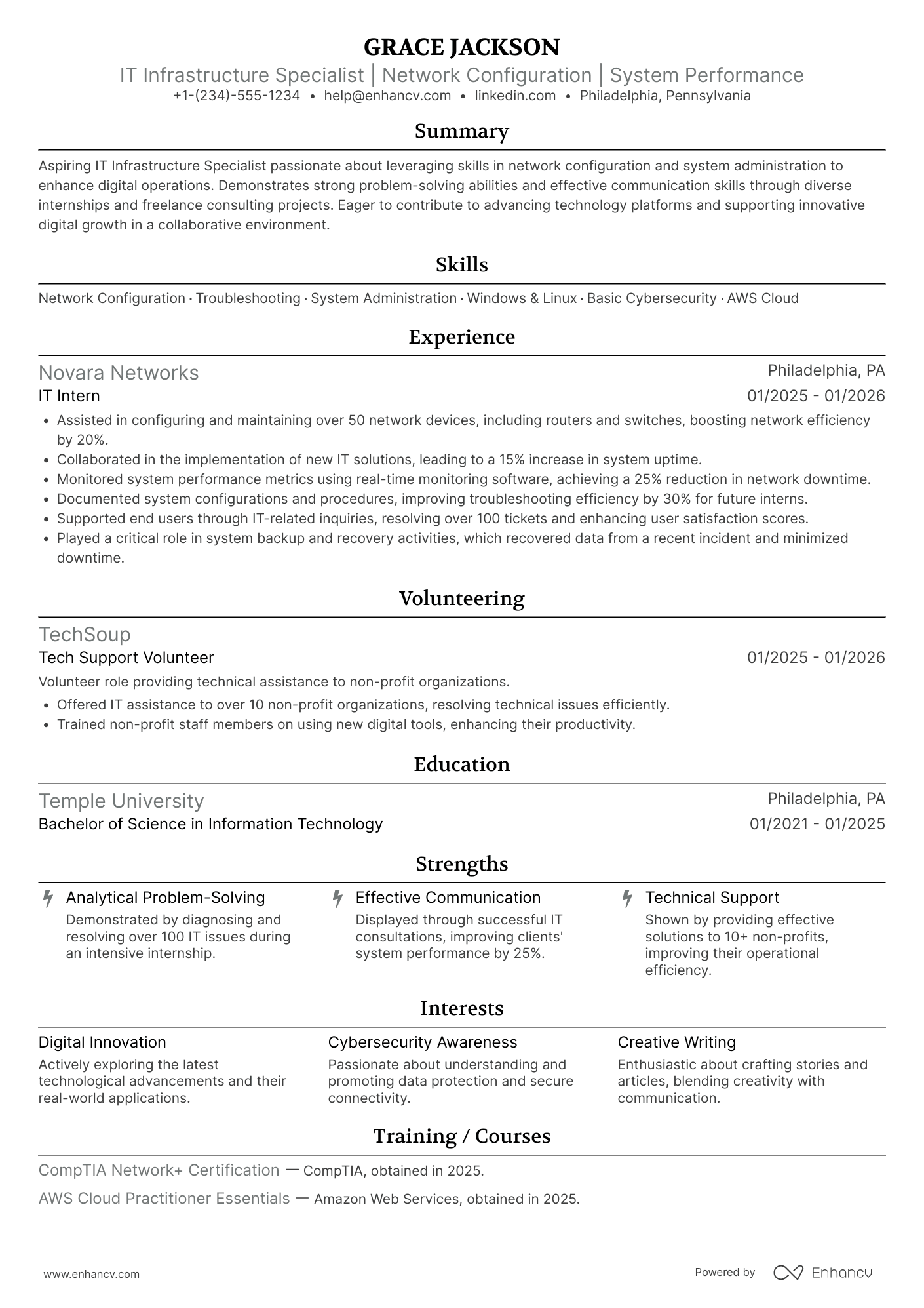 Entry Level IT Infrastructure Specialist Resume Example