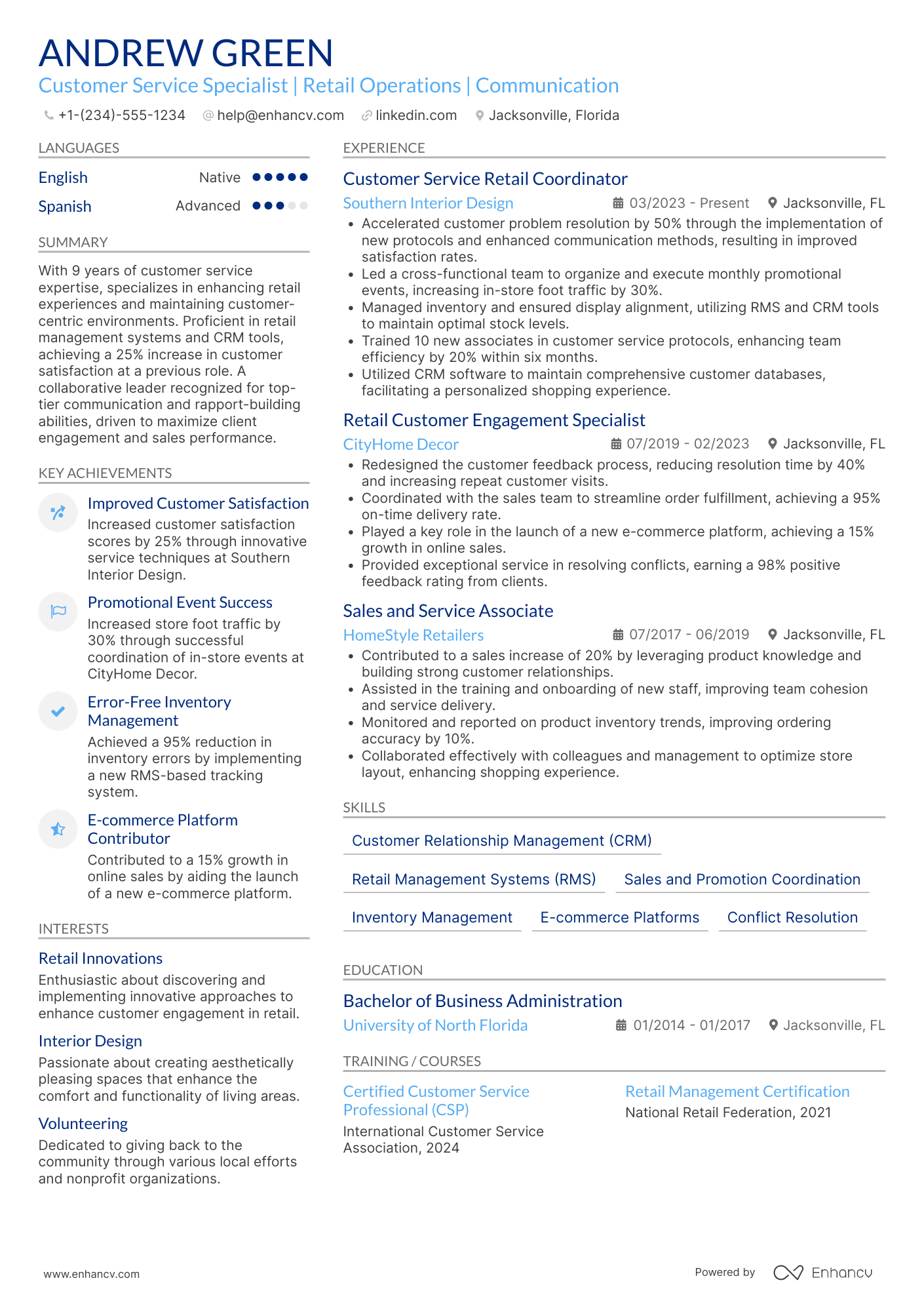 Customer Service Retail Coordinator Resume Example