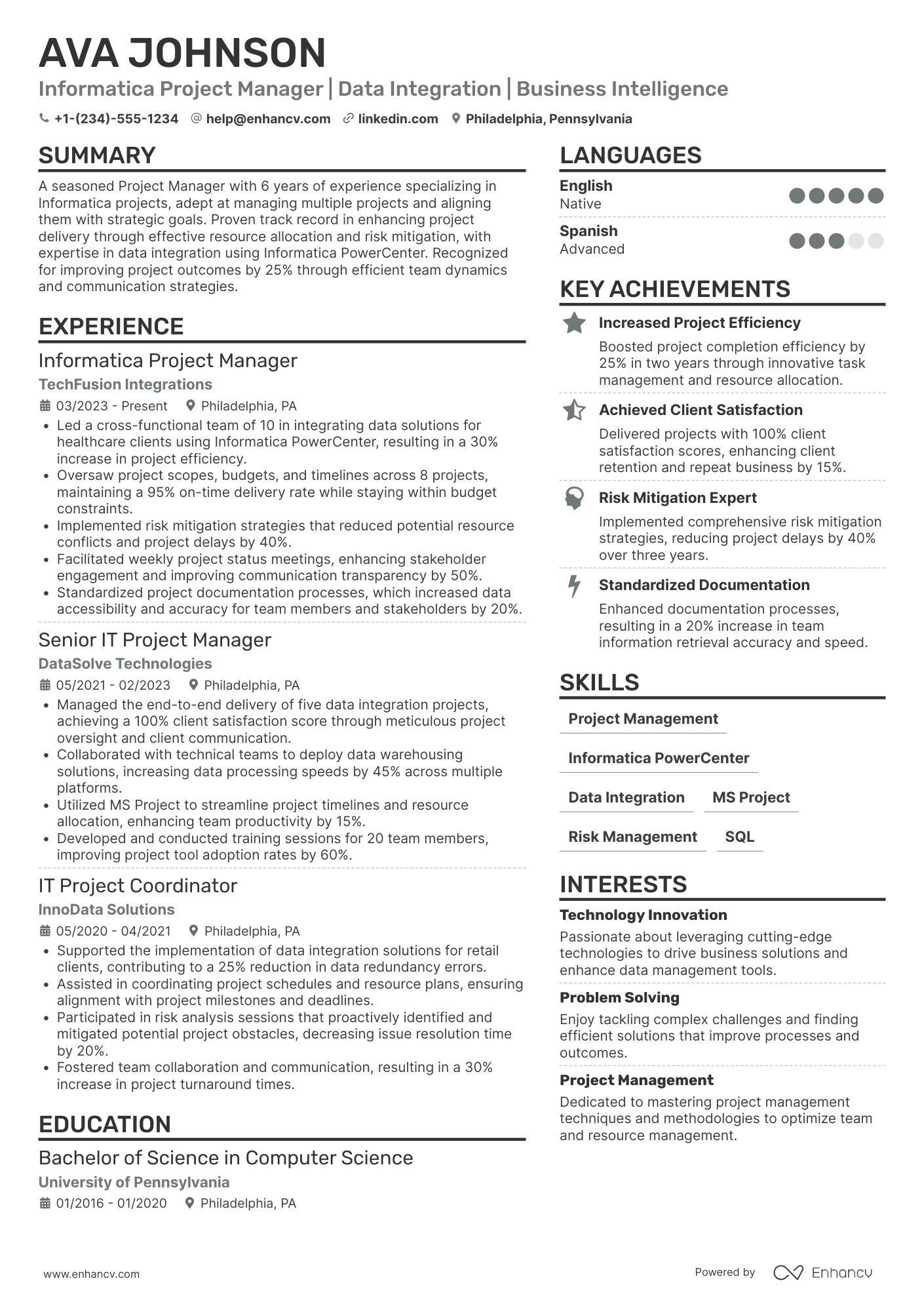 Informatica Project Manager Resume Example