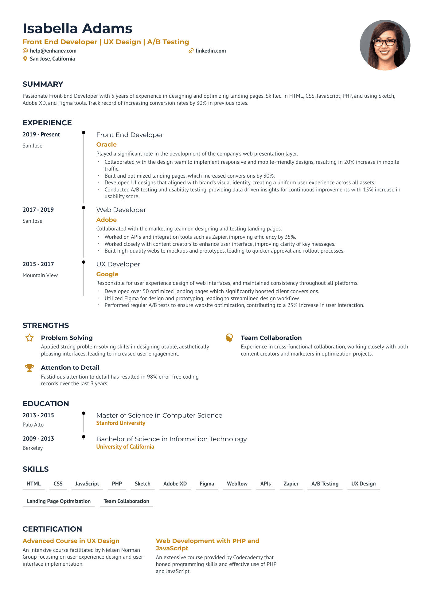 Lead Marketing Front End Developer Resume Example