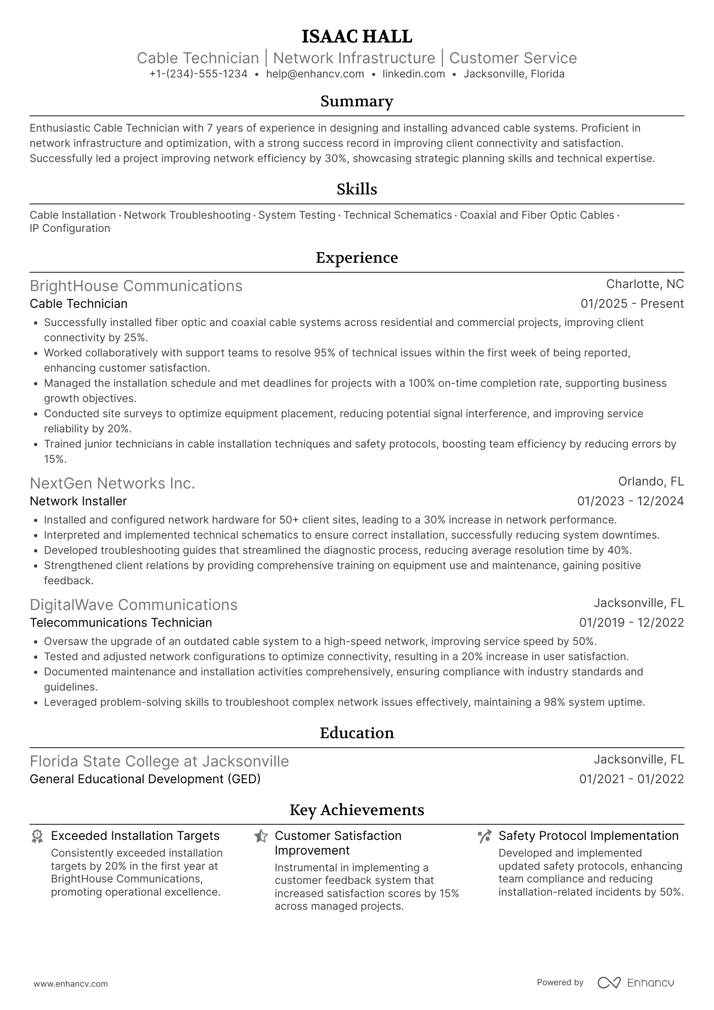 Cable Technician Resume Example