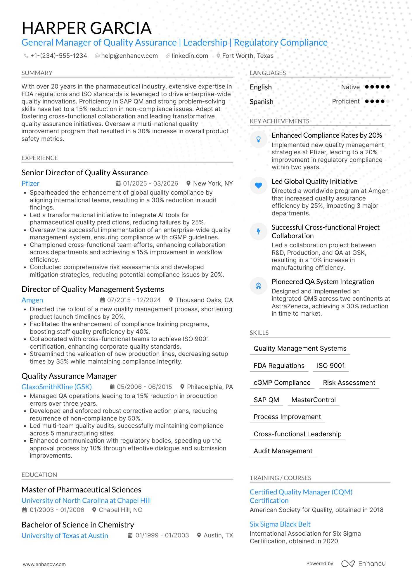 General Manager of Quality Assurance Resume Example