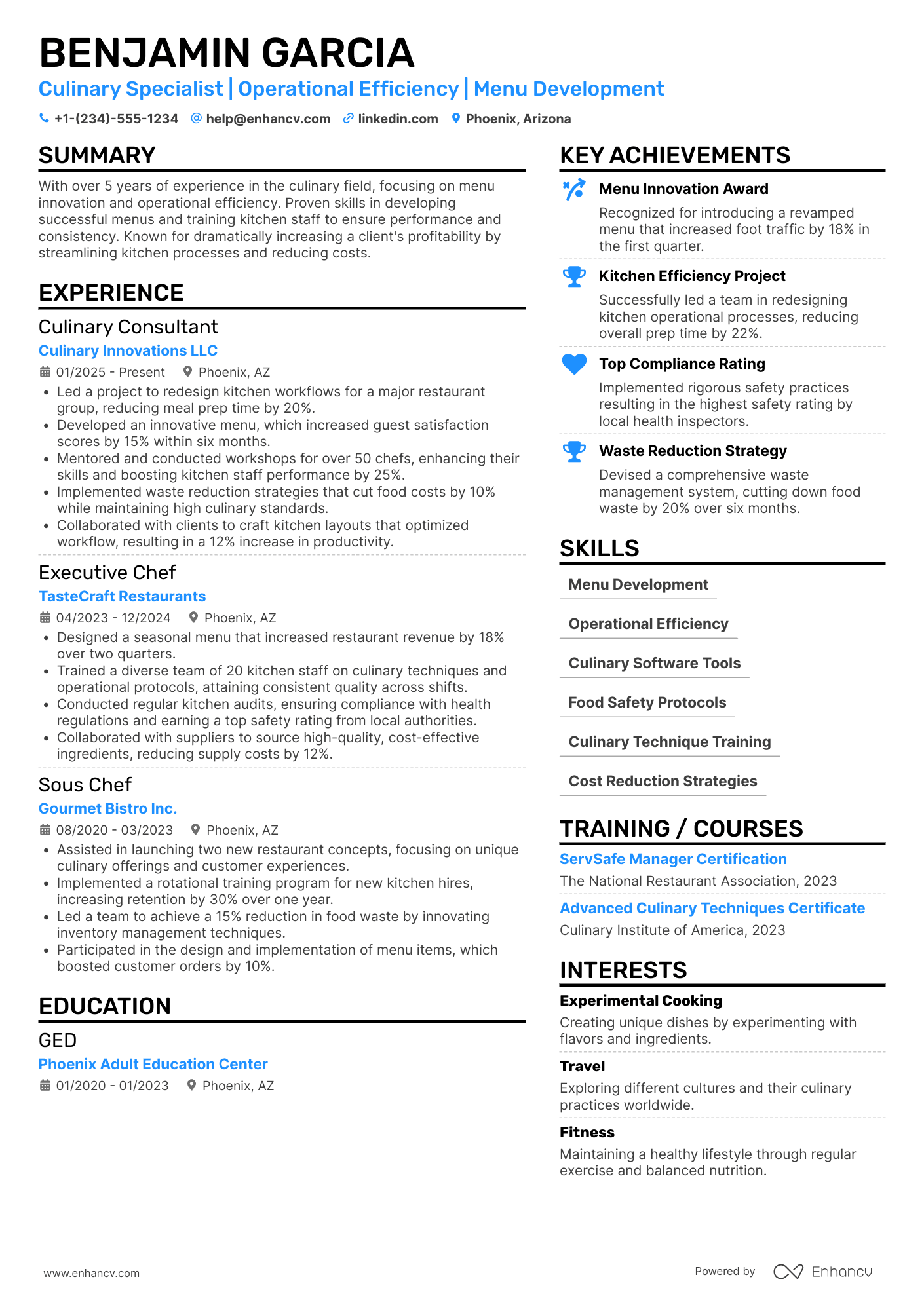 Culinary Consultant Resume Example