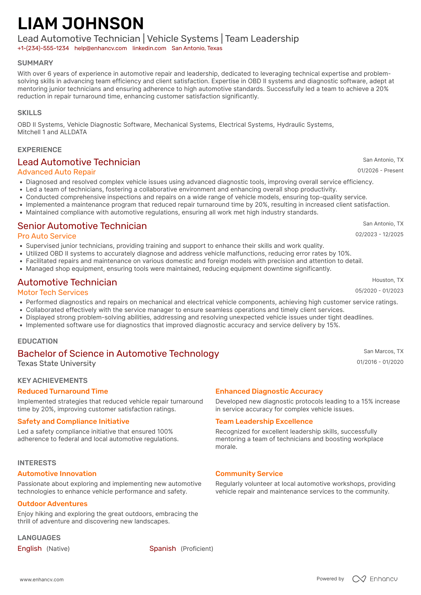 Lead Automotive Technician Resume Example