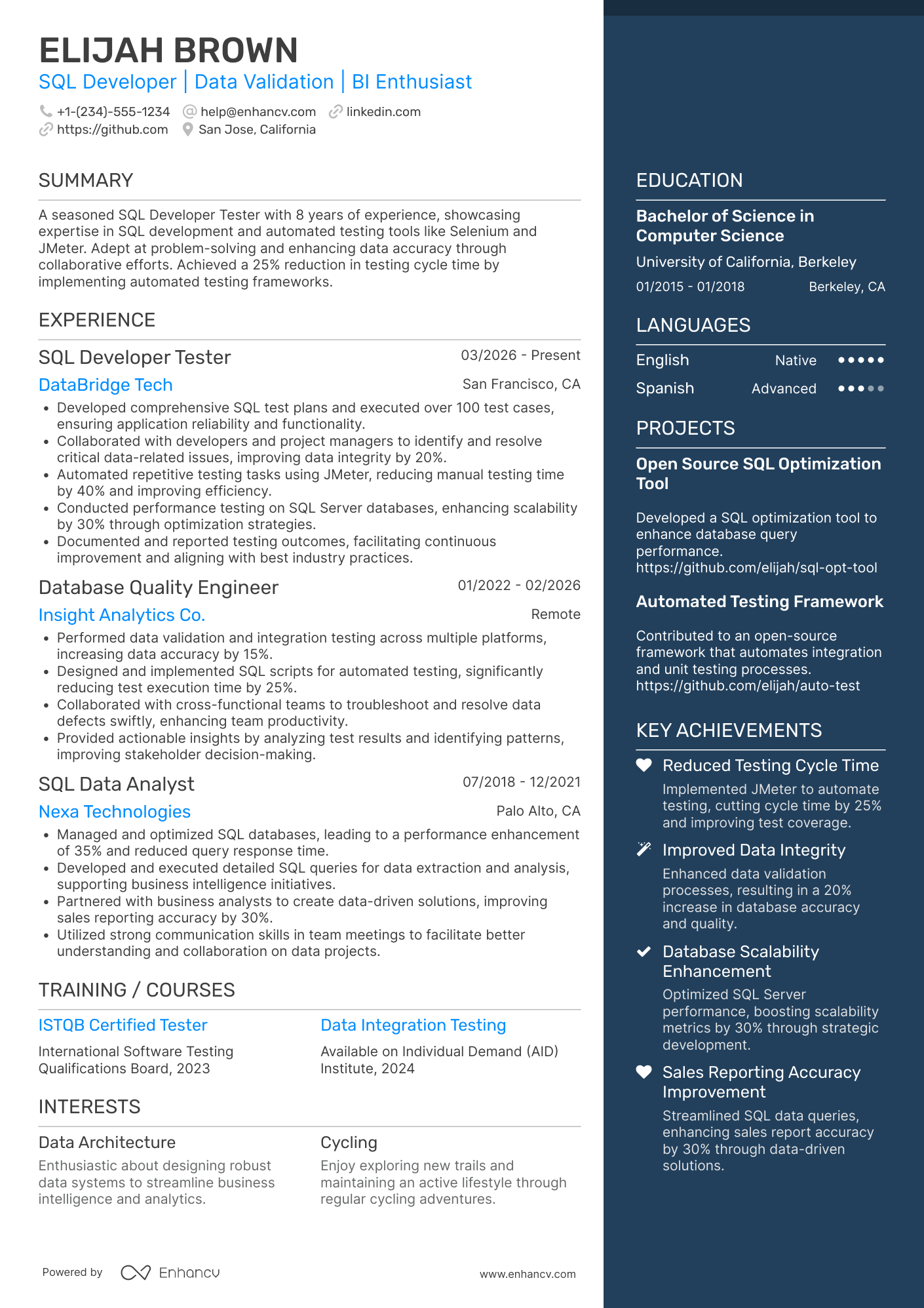 SQL Developer Tester Resume Example