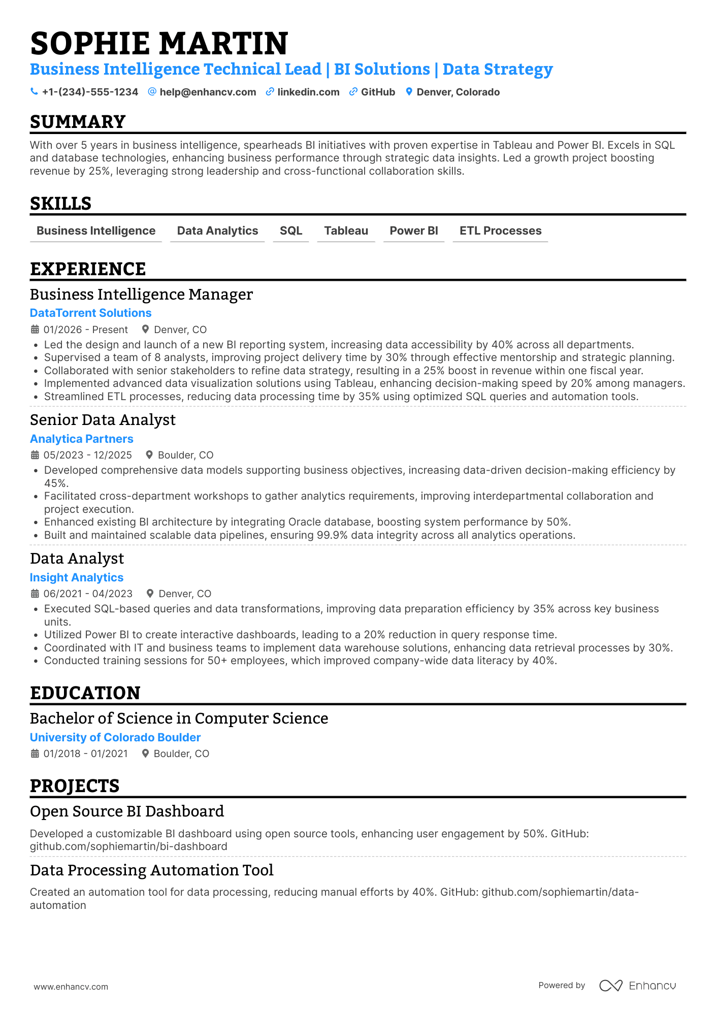 Business Intelligence Technical Lead Resume Example