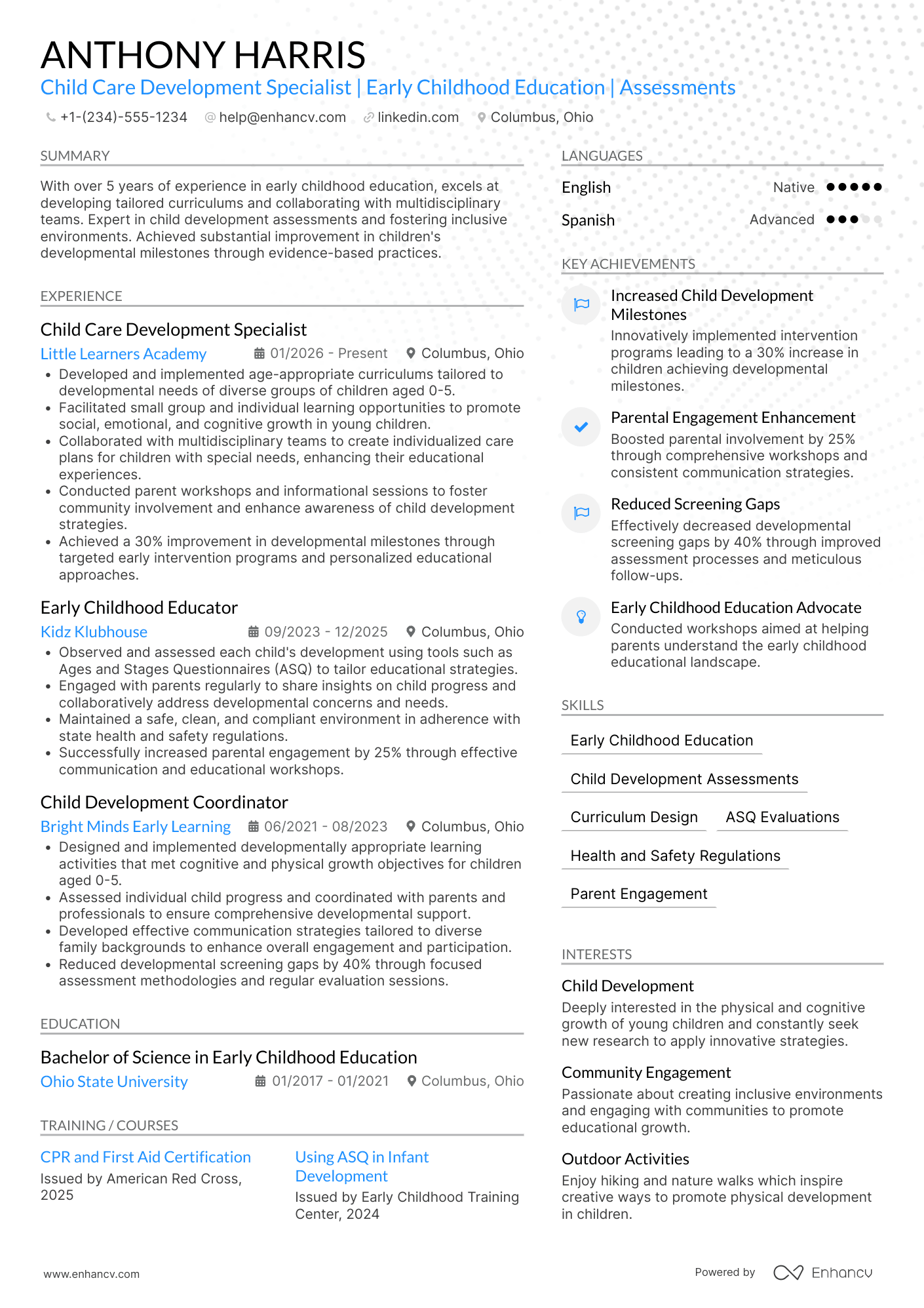 Child Care Development Specialist Resume Example