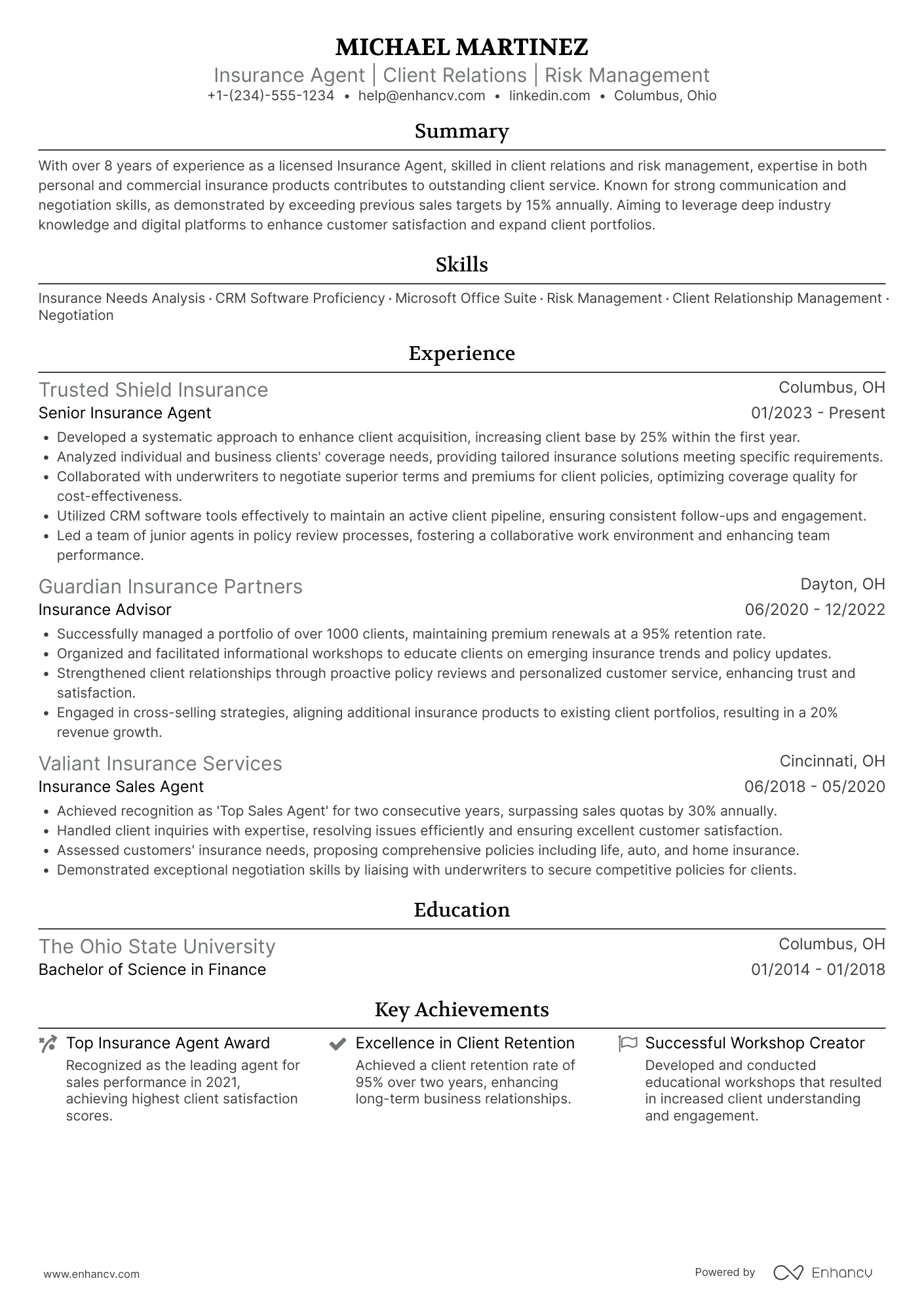 Experienced Insurance Agent Resume Example