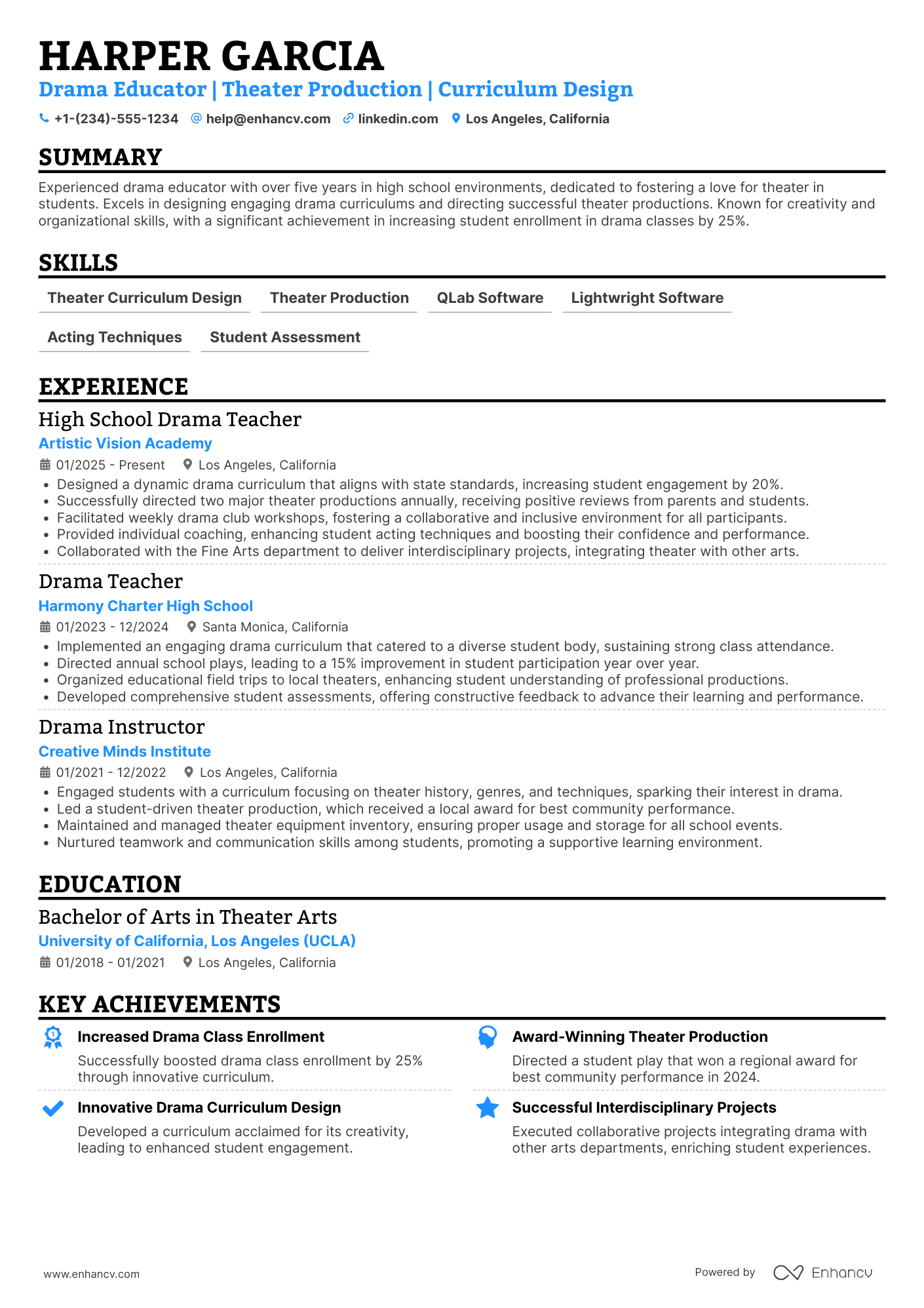 High School Drama Teacher Resume Example