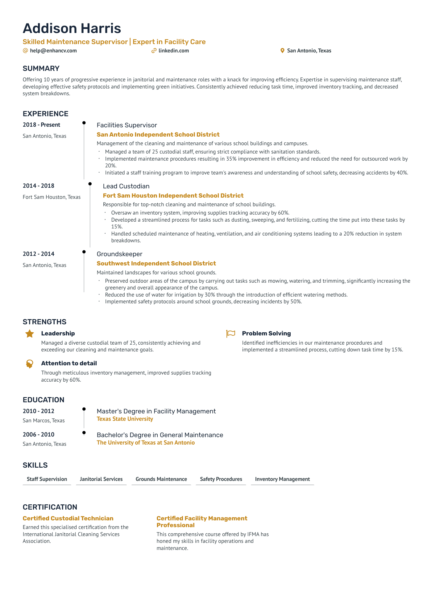 School Janitor Resume Example