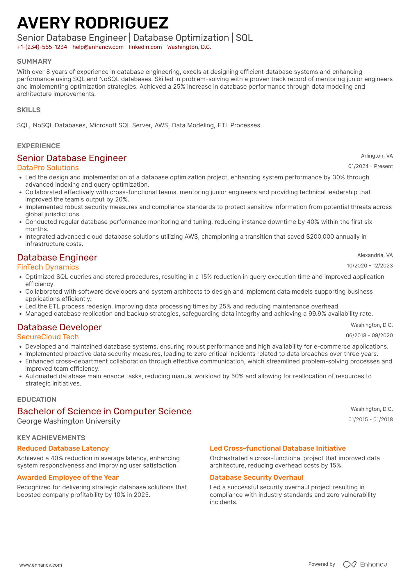 Senior Database Engineer Resume Example