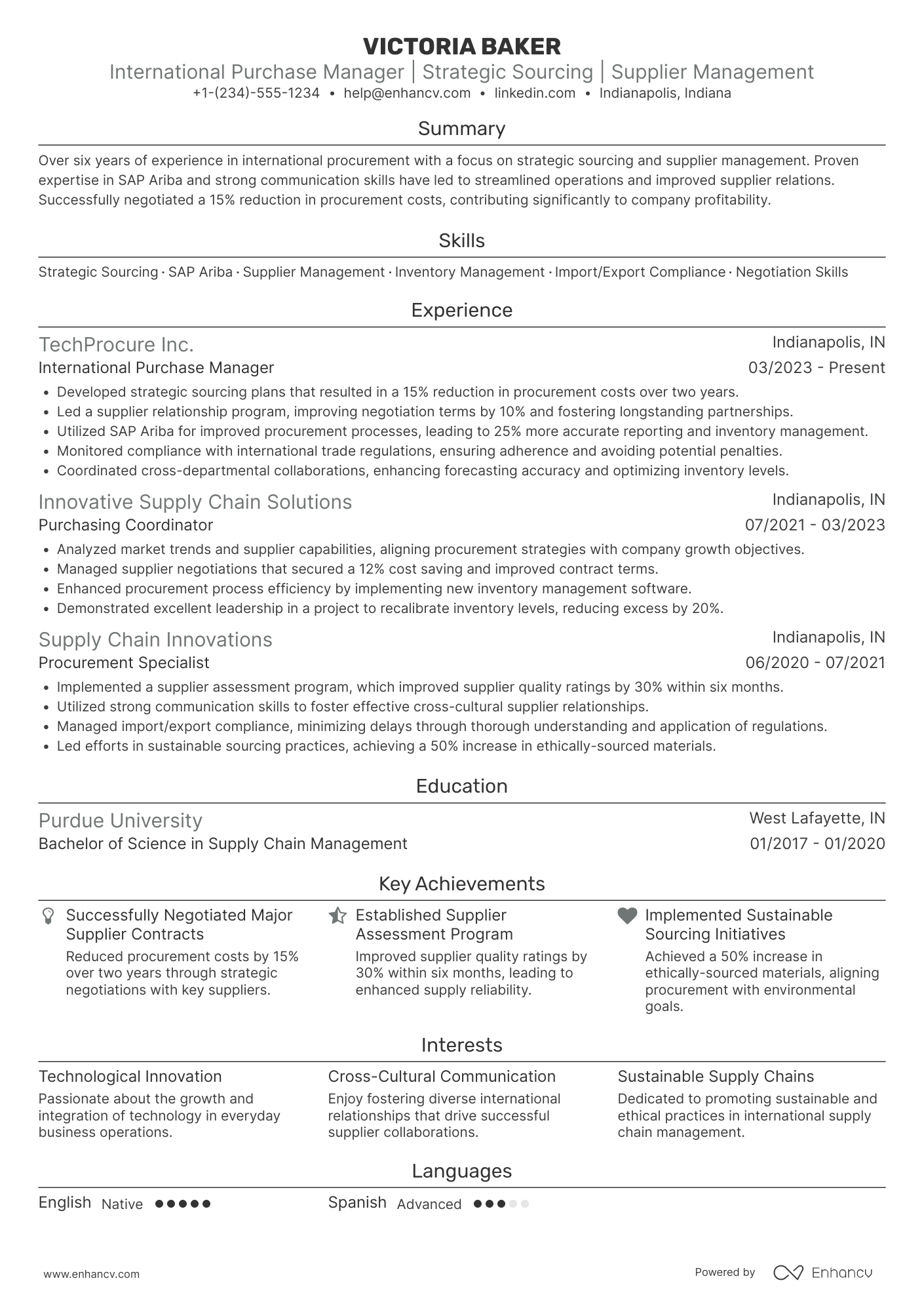 International Purchase Manager Resume Example