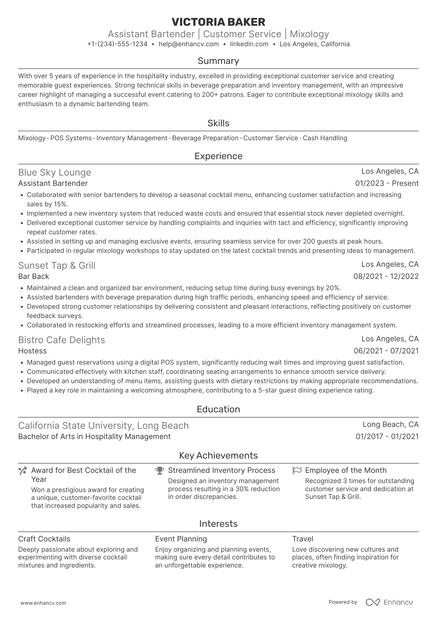 Assistant Bartender Resume Example