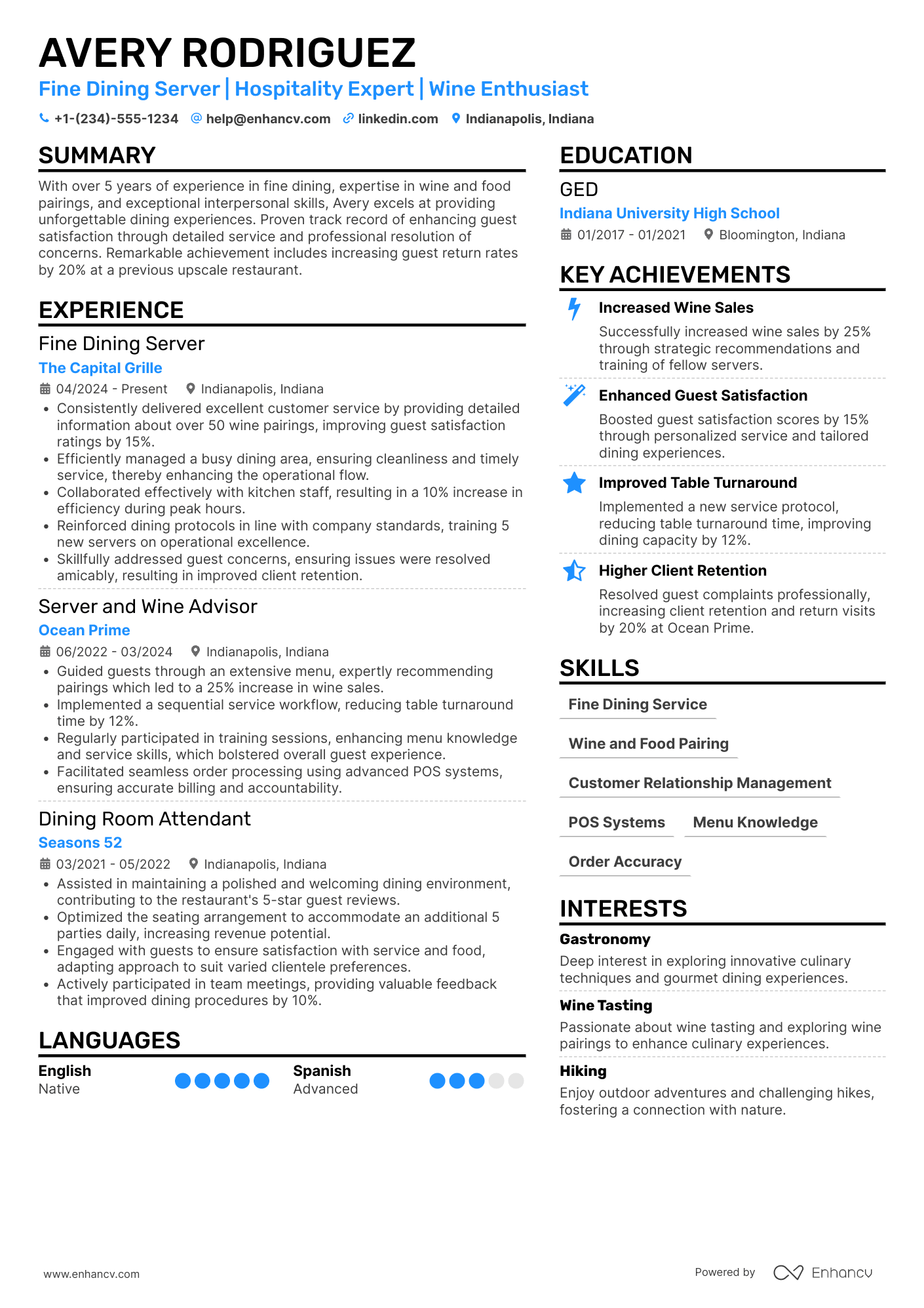 Part Time Fine Dining Server Resume Example