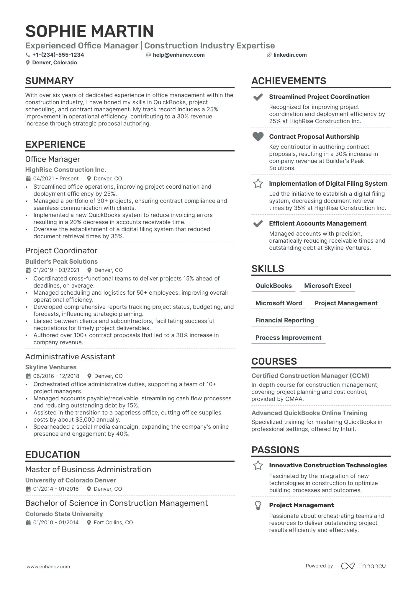 Construction Office Manager Resume Example