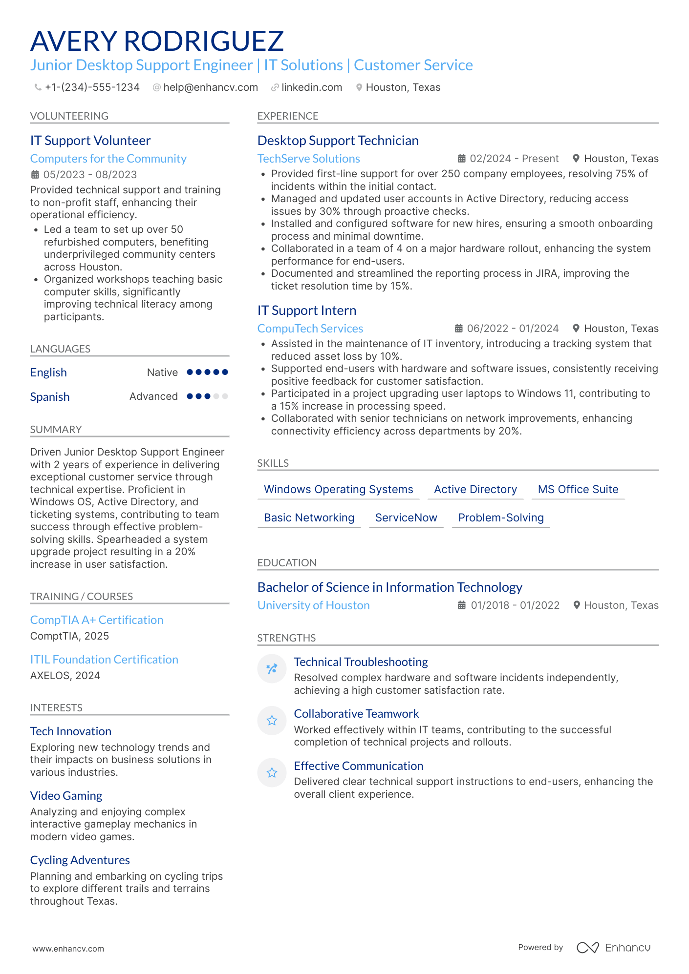 Junior Desktop Support Engineer Resume Example
