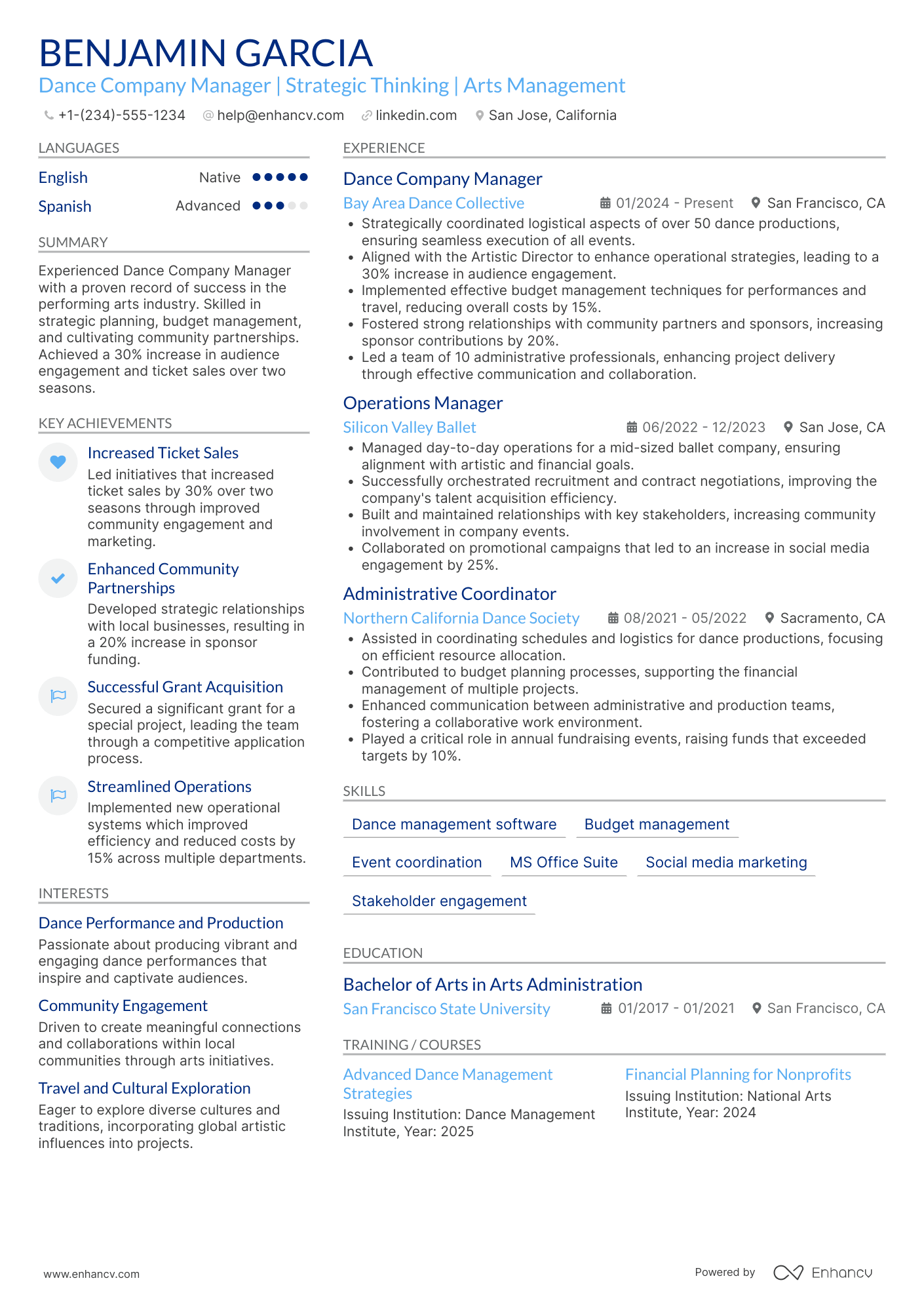 Dance Company Manager Resume Example