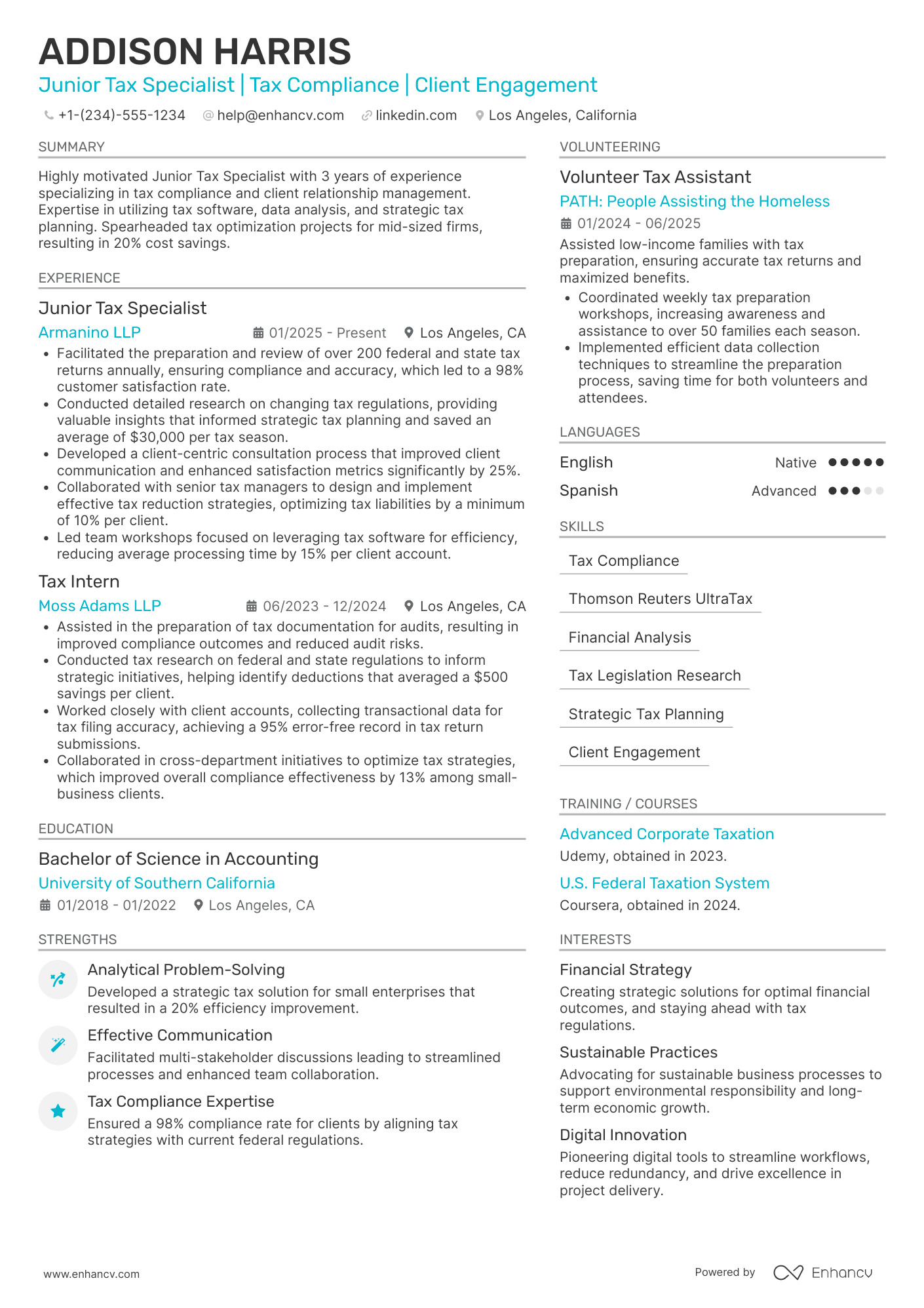 Junior Tax Manager Resume Example