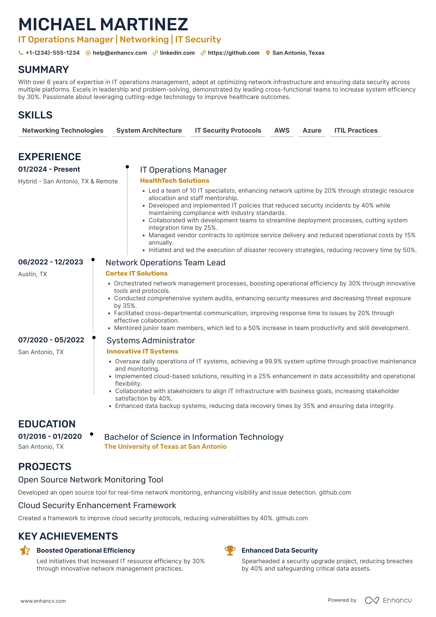 IT Operations Manager Resume Example