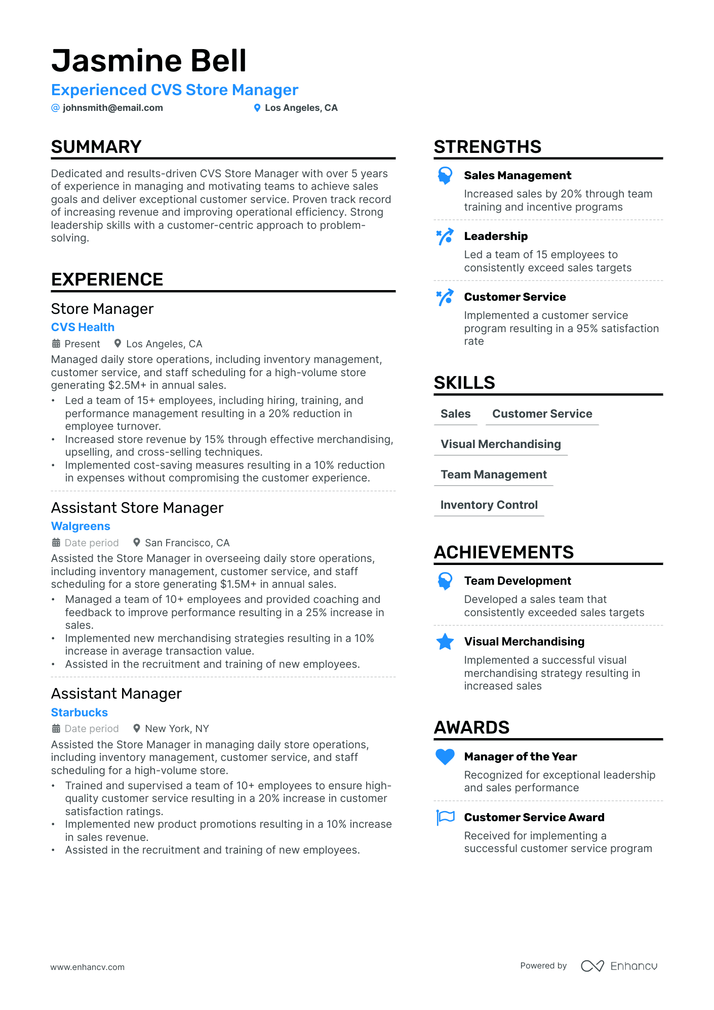 CVS Store Manager Resume Example