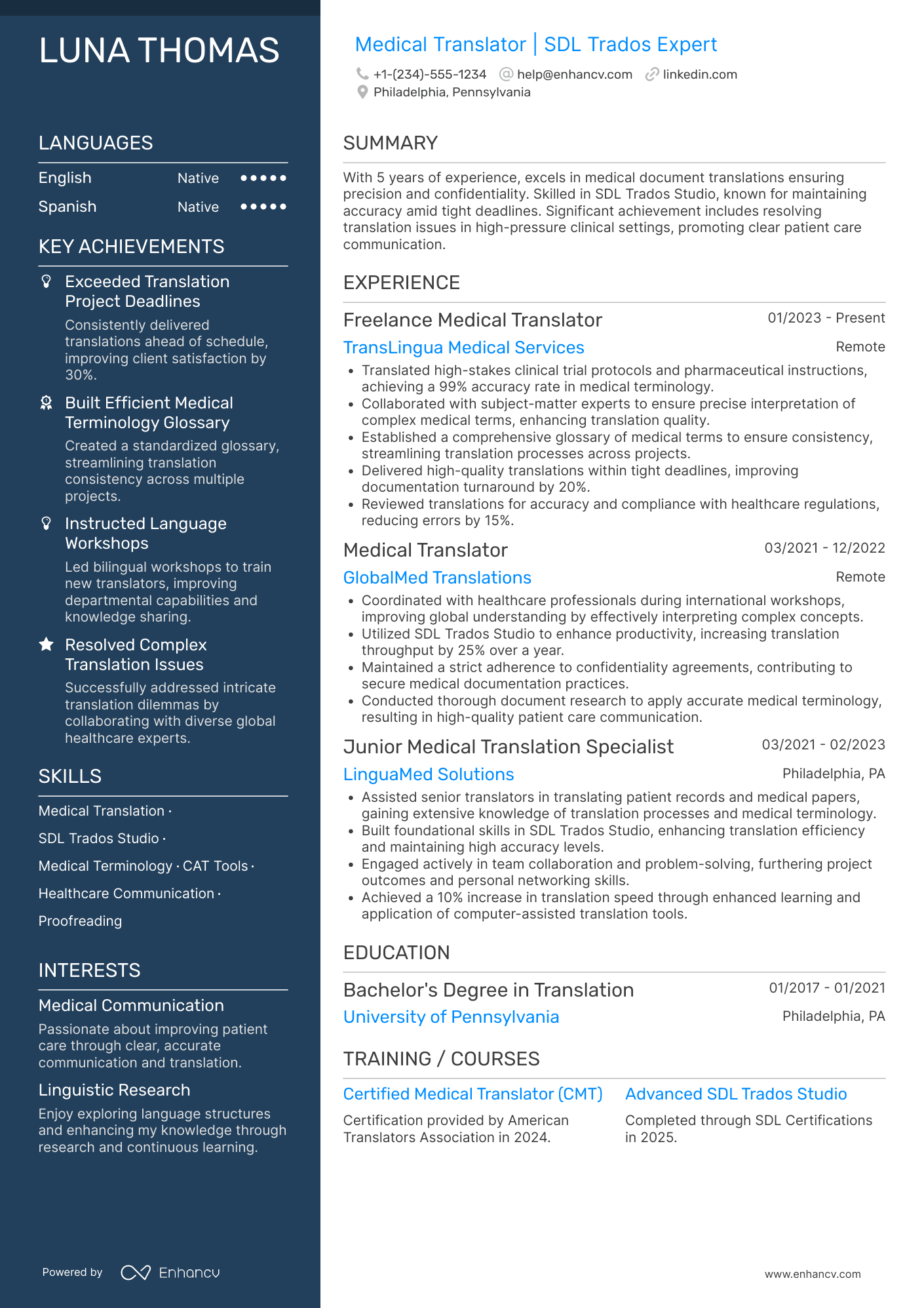 Freelance Medical Translator Resume Example