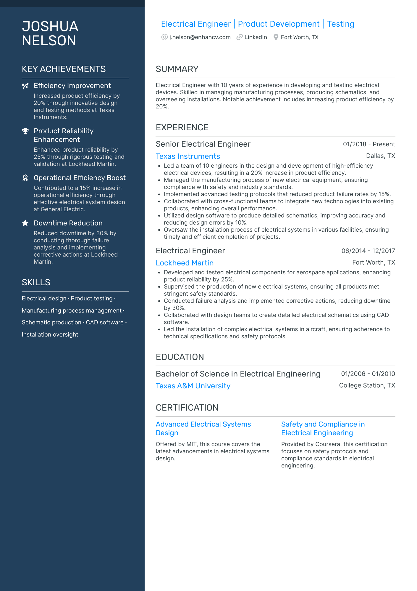 Electrical Engineering Resume Example