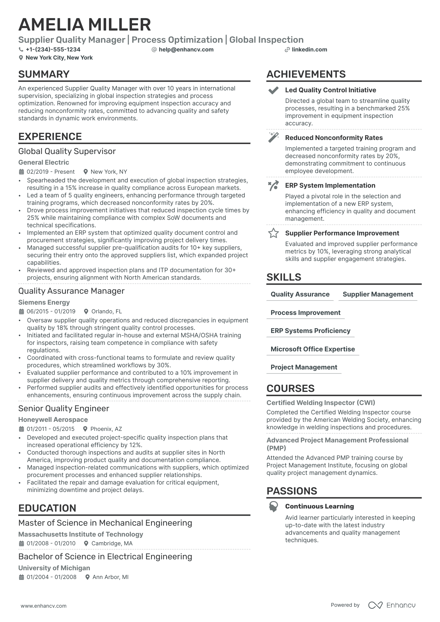 Supplier Quality Manager Resume Example