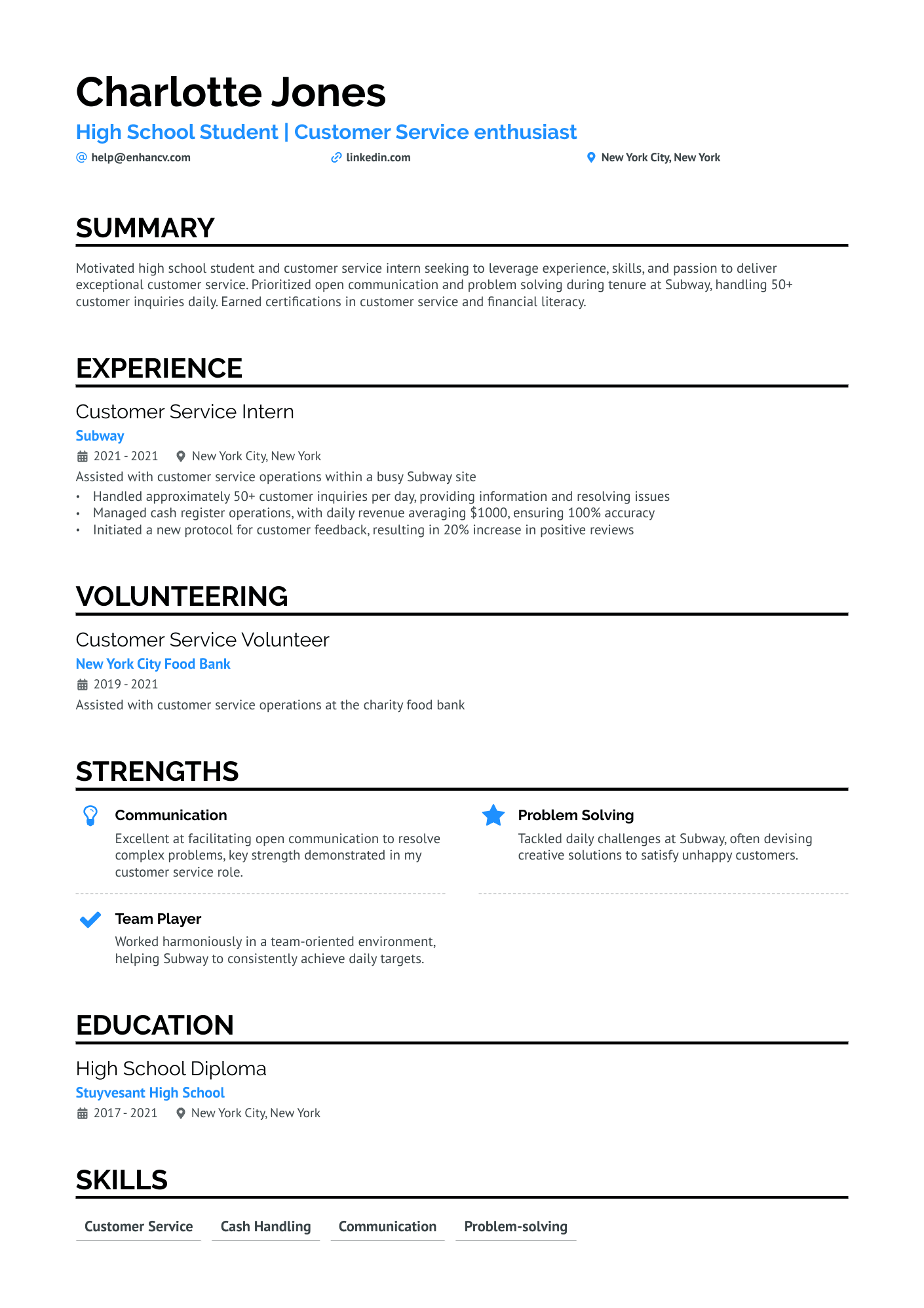 High School Student For Customer Service Resume Example