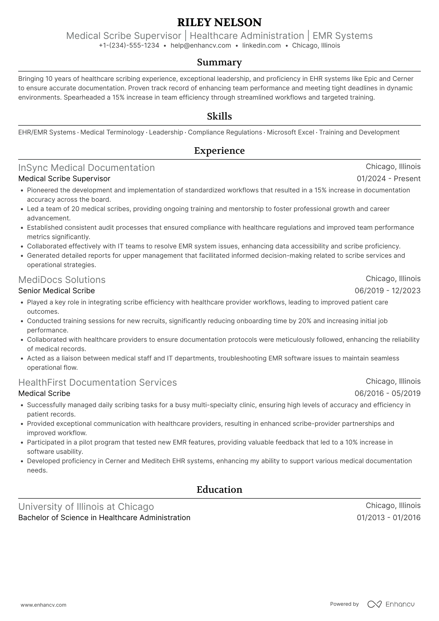 Medical Scribe Supervisor Resume Example