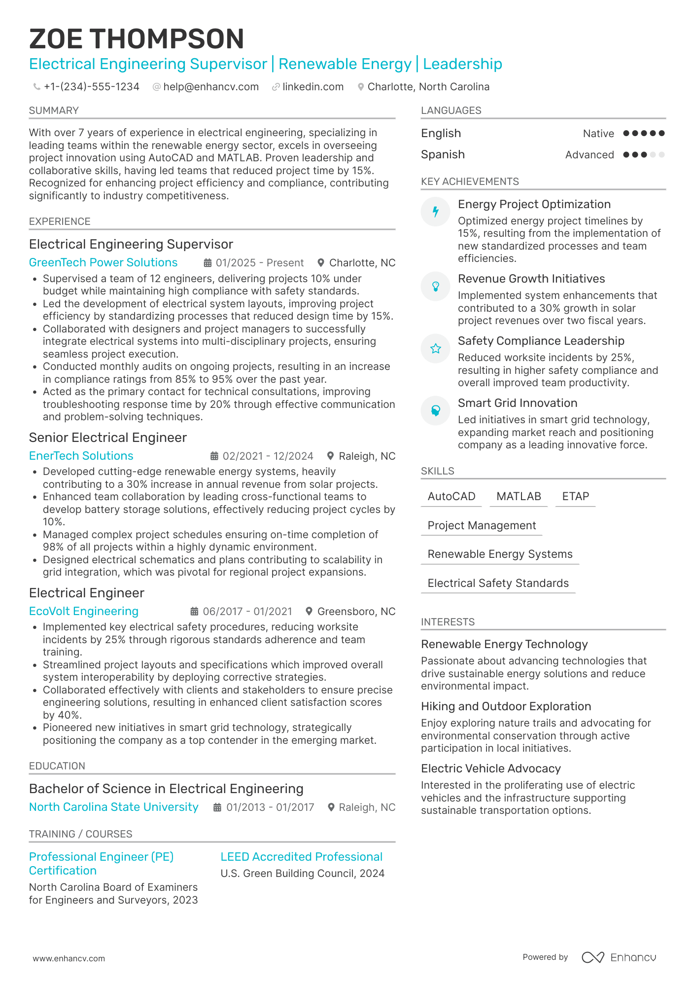 Electrical Engineering Supervisor Resume Example