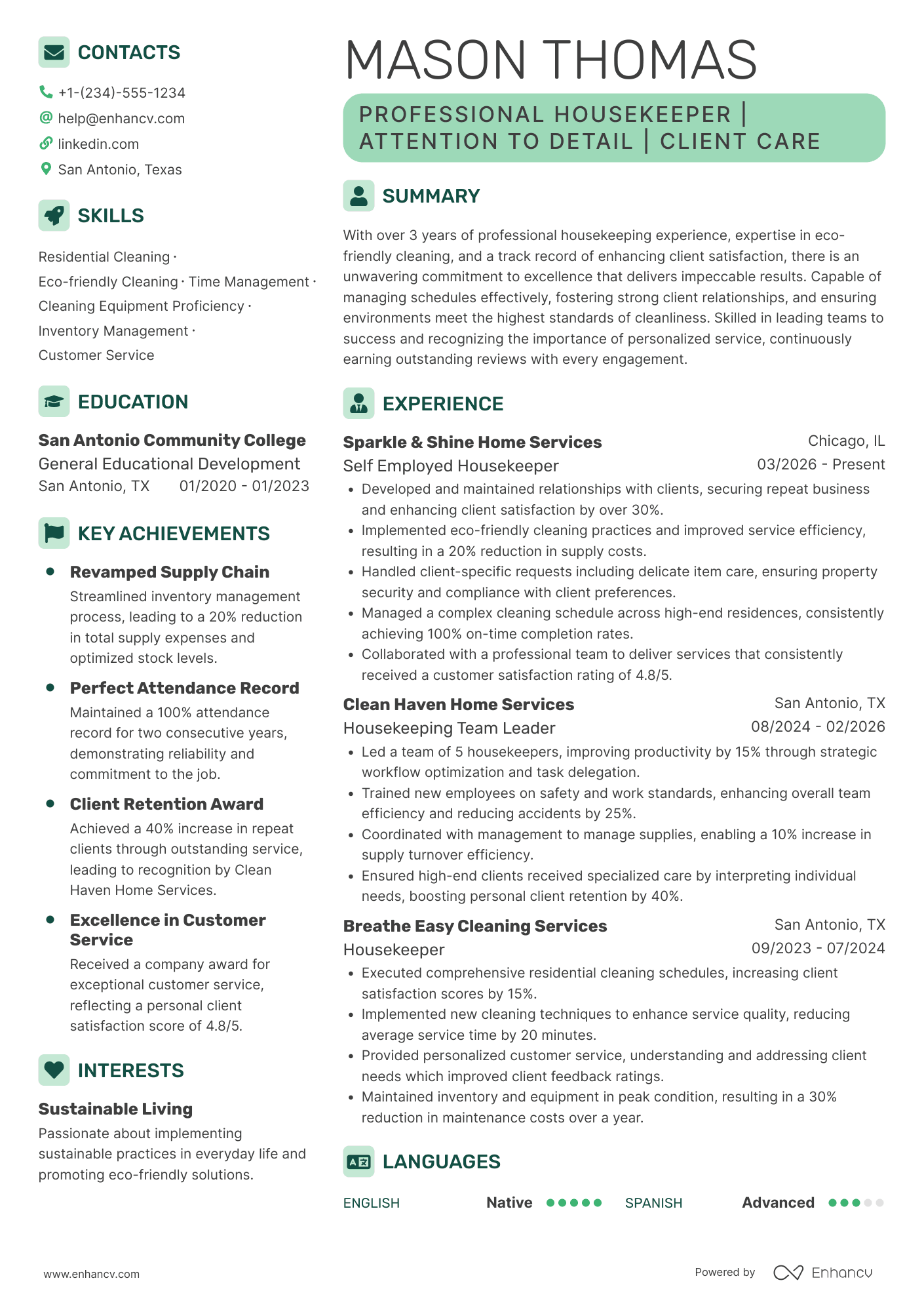 Self Employed Housekeeper Resume Example