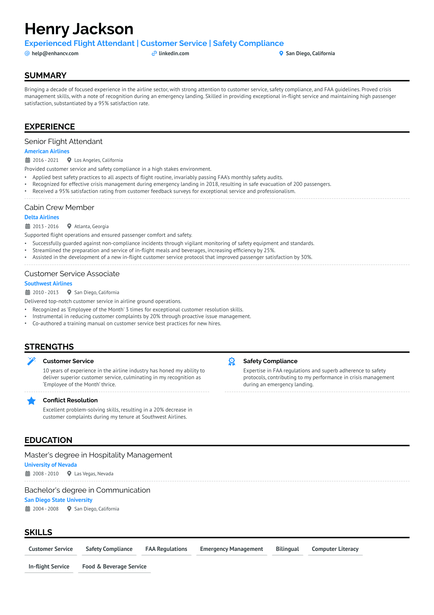 International Flight Attendant Resume Example