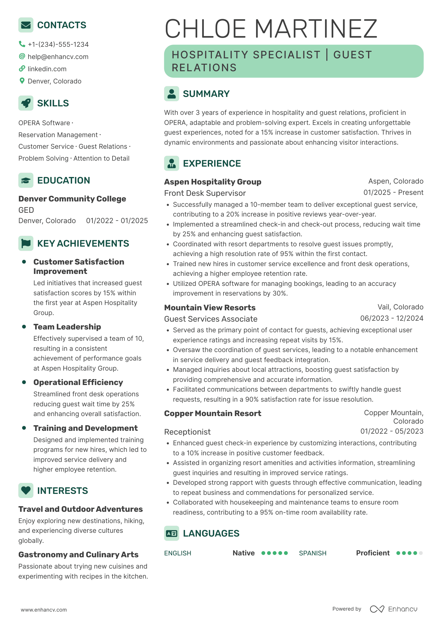 Resort Hostess Resume Example
