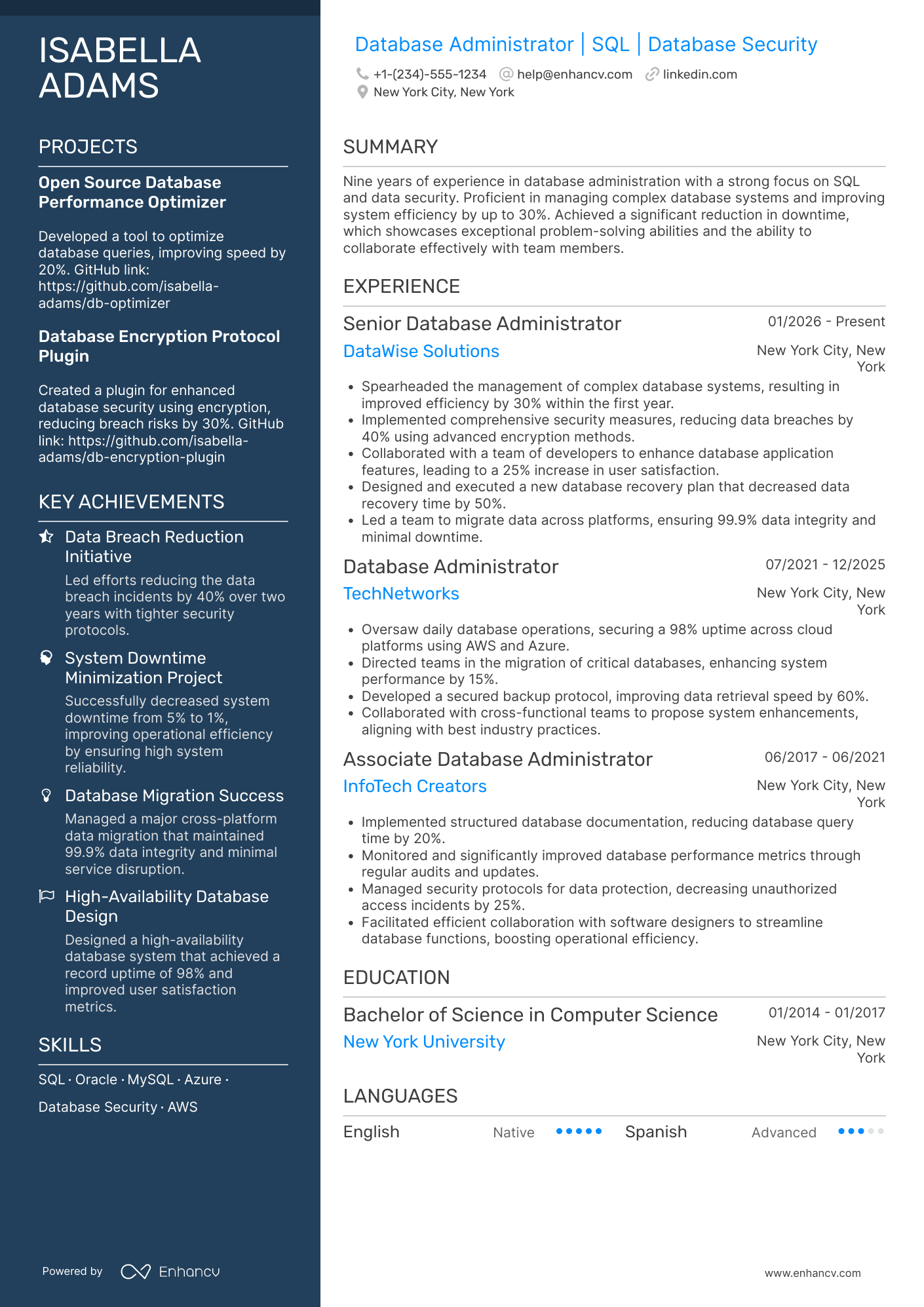 Computer Science Database Administrator Resume Example