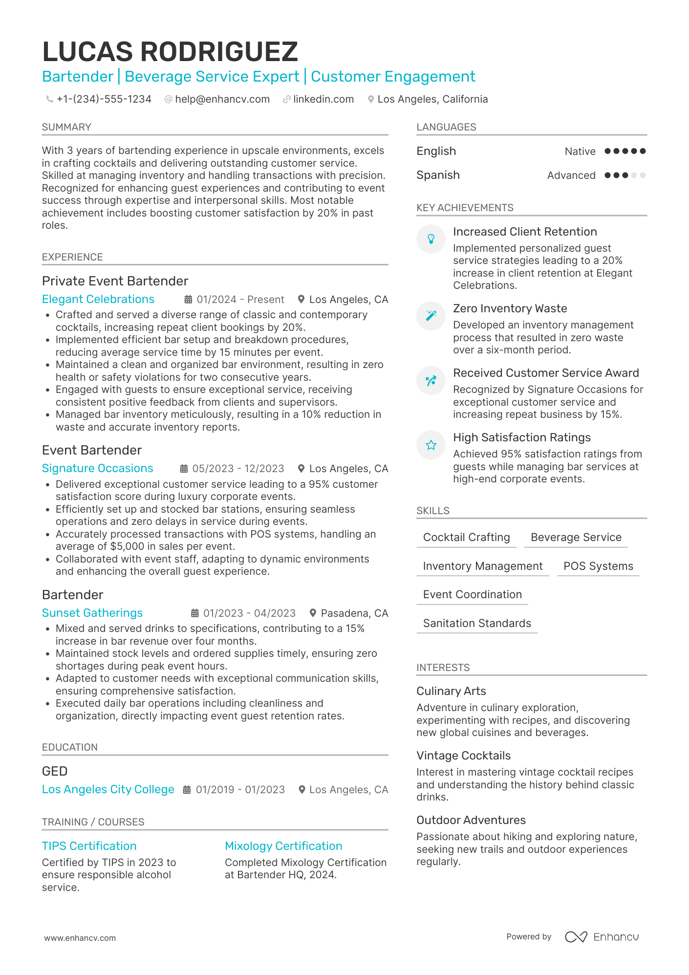 Private Event Bartender Resume Example
