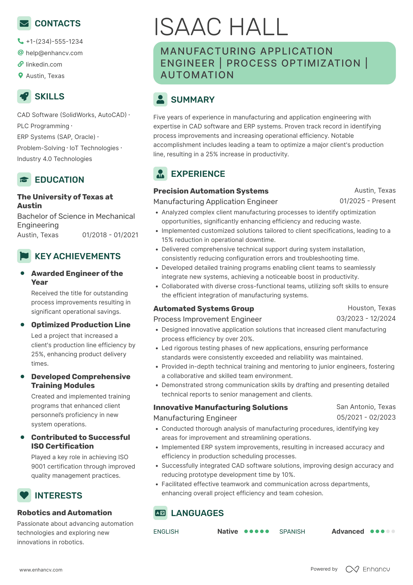 Manufacturing Application Engineer Resume Example