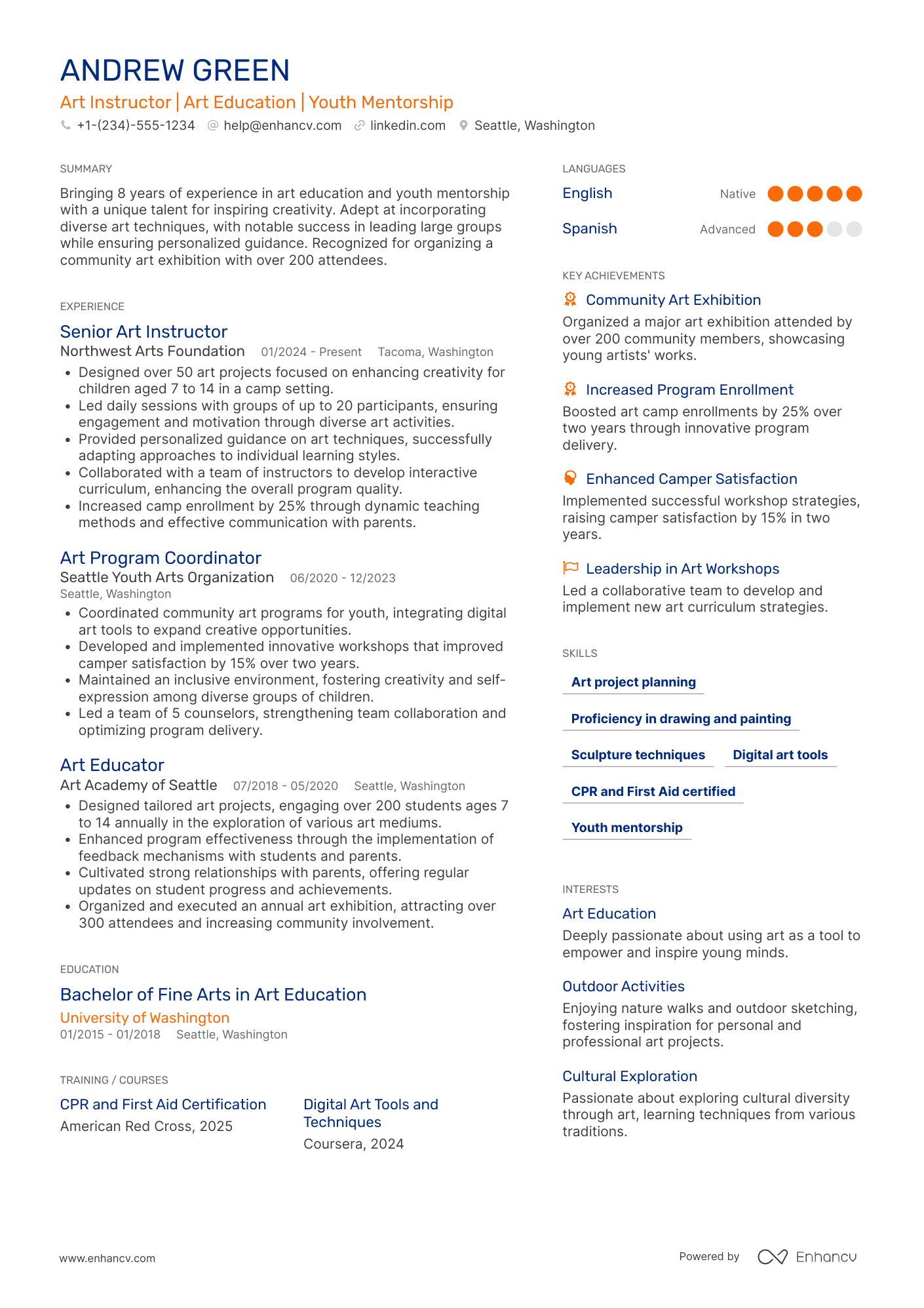 Art Camp Counselor Resume Example